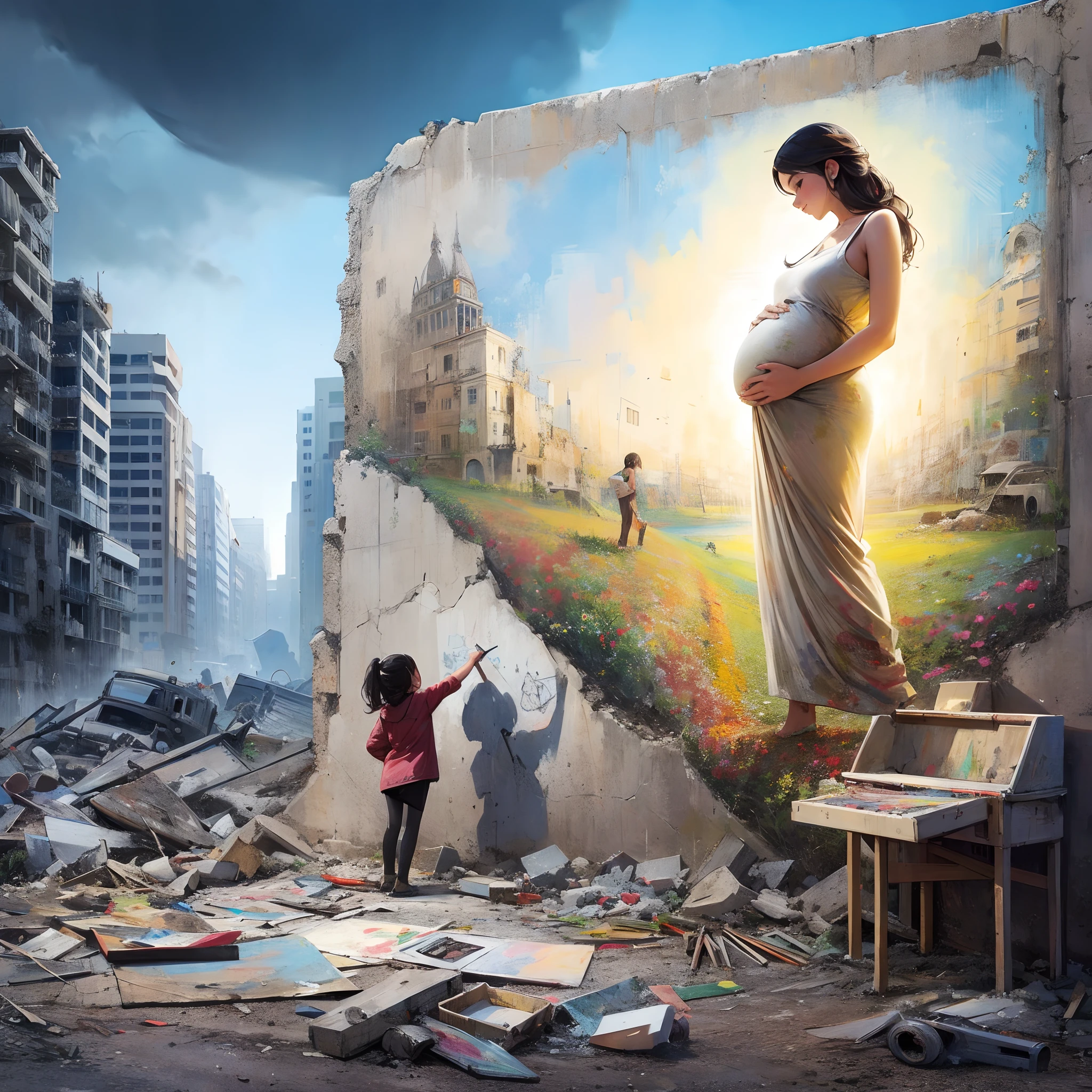 An artistic painting of a young girl standing and drawing on a wall in the middle of a city destroyed by wars. In front of her is a large painting of a happy pregnant woman in a beautiful place. An artistic painting searching for hope and anxiety at the same time.