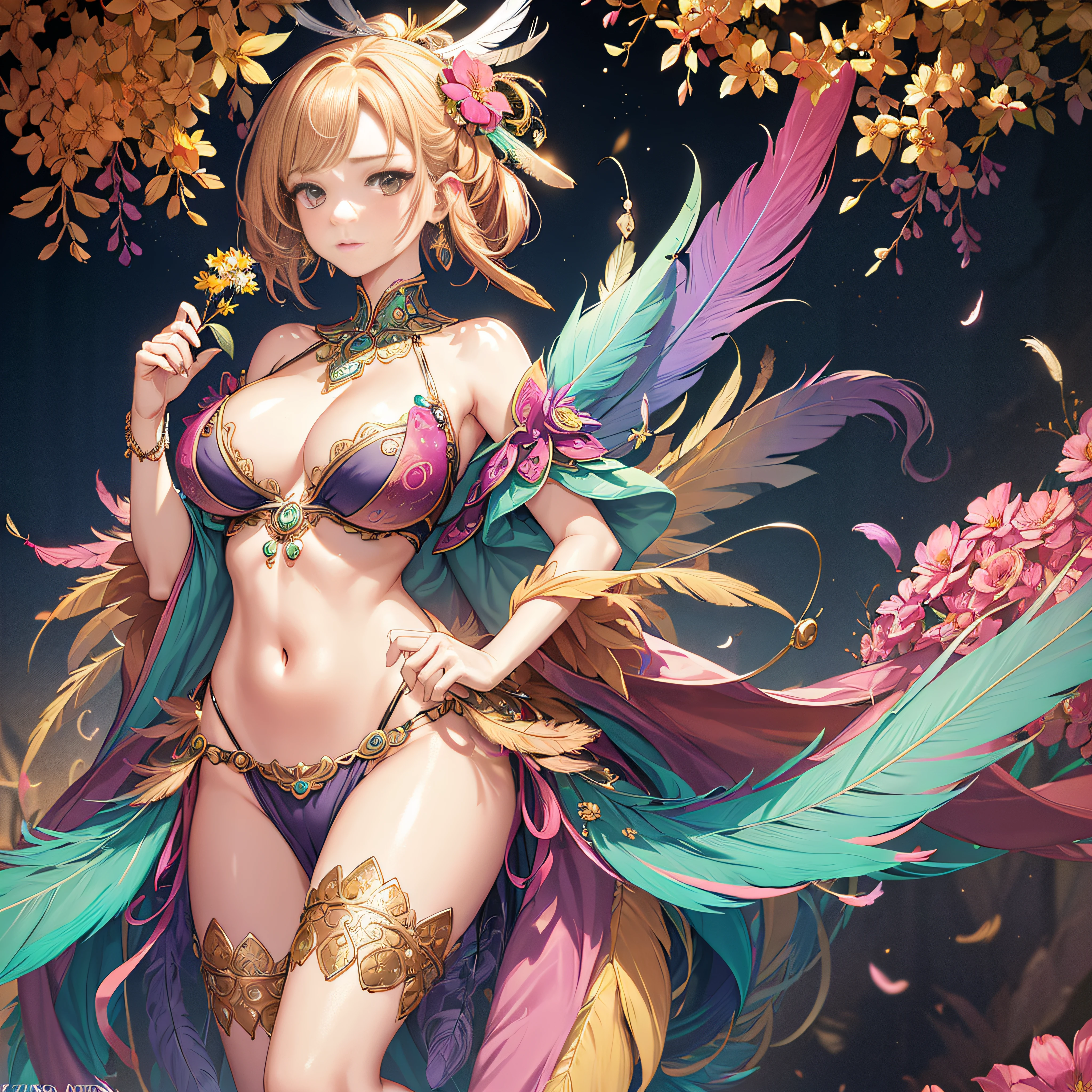 girl with, Big breasts, Bare shoulders, Blonde hair, colorful feather, metal ornaments, Colorful flowers, Particle, light, (masutepiece, of the highest quality, Best Quality, Official art, Beautiful and aesthetic:1.2), (1girl in:1.3), Extremely detailed, (Fractal Art:1.1), ( Colorful:1.1)(Flowers:1.3),highest details,(Zentangle:1.2), (Dynamic Pose), (Abstract background:1.3), (Shiny skin), (Many colors:1.4), (earrings:1.4), (Feathers:1.4), Full body image --auto