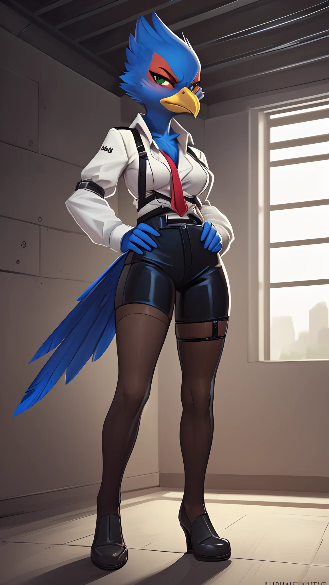 [falco lombardi], [Uploaded to e621.net; (Pixelsketcher), (wamudraws), (fluffkevlar)], [uploaded to twitter.com; (@senip)], ((masterpiece)), ((HD)), ((high quality)), ((solo portrait)), ((full body)), ((furry; anthro bird)), ((detailed feather)), ((detailed shading)), ((beautiful render art)), {anthro; (slim figure), blue feathers, yellow beak, (long blue tail feathers), (cute green eyes), (medium boobs), (gorgeous hips), (beautiful legs), (blushing), (angry), (frown)}, {(white shirt), (cleavage), (pantyhose, thighstraps)}, {(standing), (hands on hips), (looking at viewer)}, [background; (open room), (metal walls), (ceiling lights), (si-fi), (ambient lighting)]