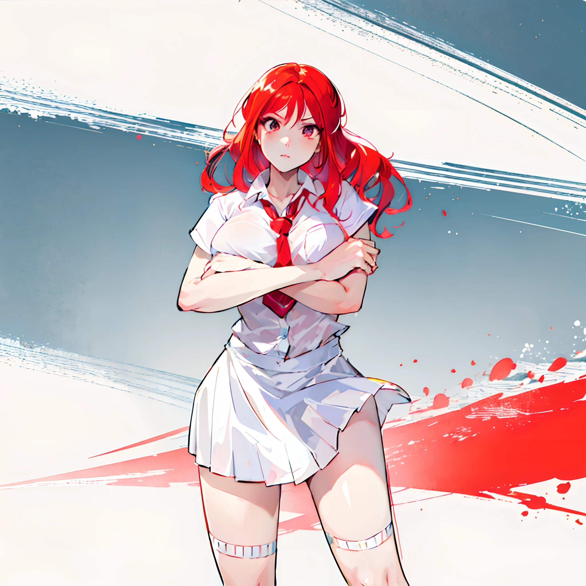 no background, character design, anime girl in a school uniform with a red hair and a white shirt, marin kitagawa fanart, anime style character, she has red hair, erza scarlet as a real person, in an anime style, flat anime style shading, in the art style anime, in anime style, anime character, colored lineart
