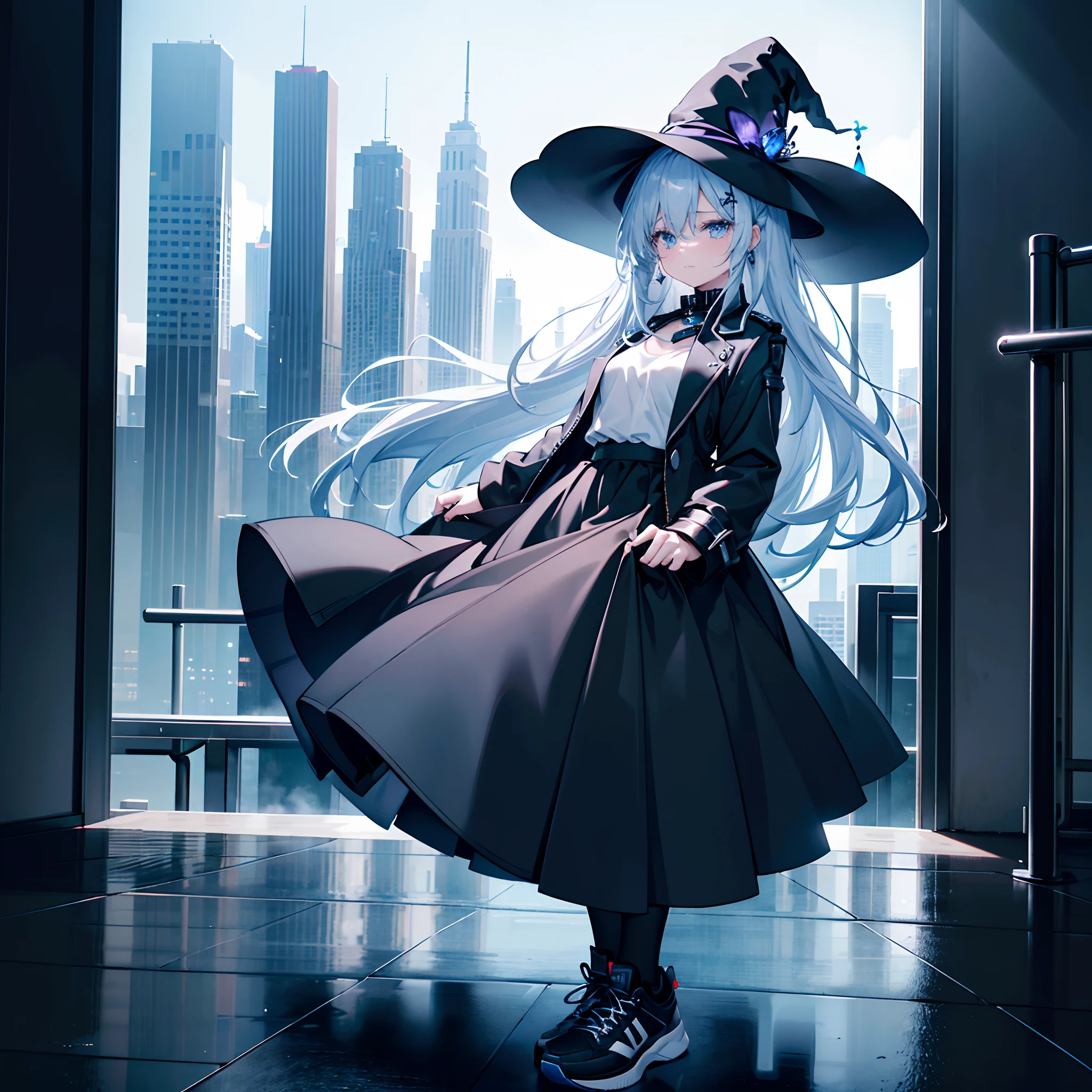 This is the rooftop of a skyscraper in the middle of the night、You can see a lot of buildings behind you、Photograph her from an angle of 45 degrees above、One 27-year-old woman with small breasts、She wears a large black witch hat with gemstone sapphire accessories、White lob hair with blue-violet mesh、Blue eyes with highlights、Black long coat、Plain white t-shirt、Black Midi Skirt、Black sneakers with white shoelaces、small tits、discreet breasts、Crying fleetingly、Tears spill ephemerally、hiquality、High Details、high-level image quality、4K picture quality、beatiful backgrounds