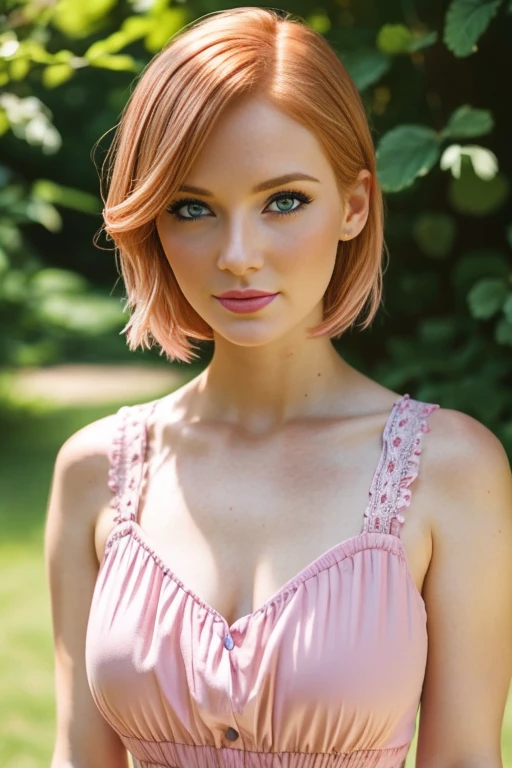Petite 30 year old woman with short strawberry blonde hair and striking blue eyes wearing eye liner, pink lips, in a summer dress