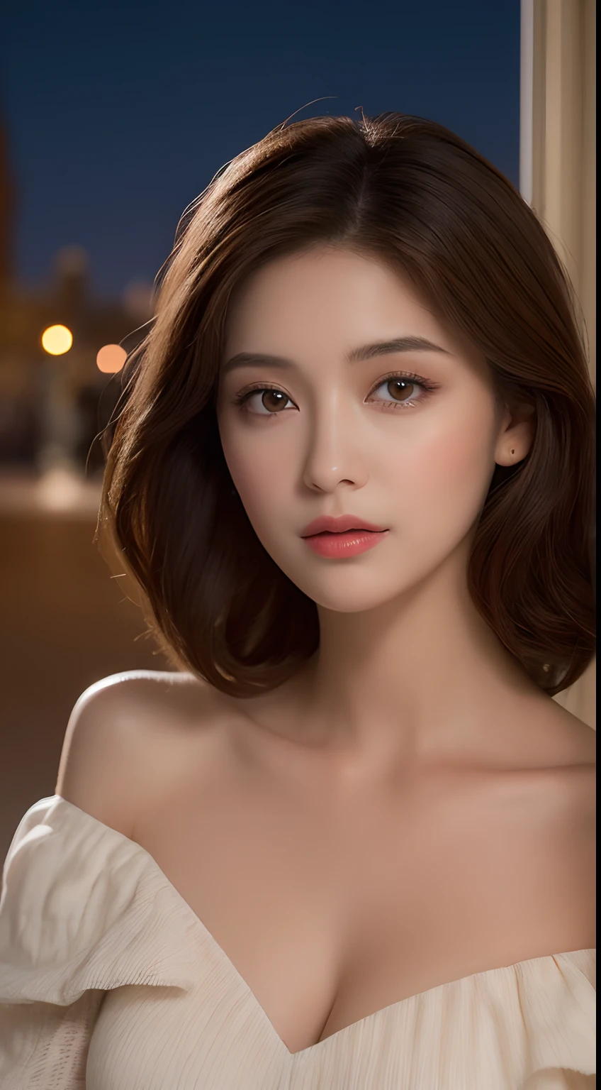 ((Night view, realistic light, best quality, 8k, masterpiece: 1.3)), 1girl, pretty woman with slim figure: 1.4, (brown hair, medium breasts: 1.3), off-the-shoulder cut top: 1.3, sofa, super detailed face, detailed eyes, double eyelids