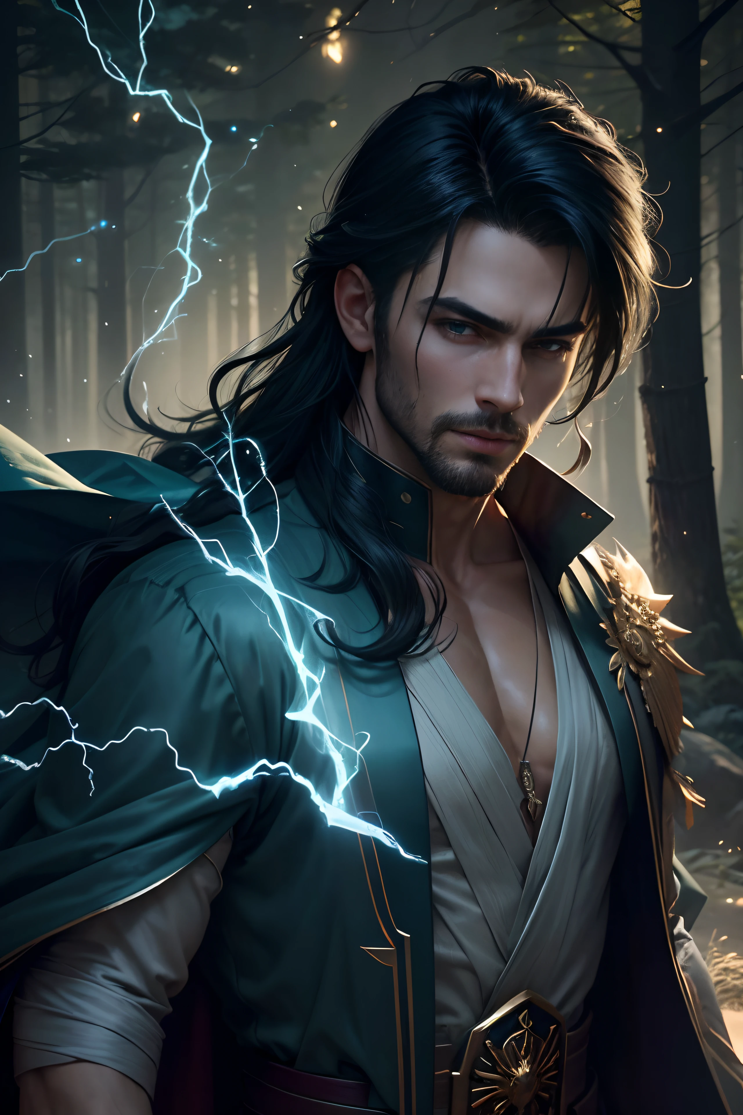 8K,Photorealsitic, Raw photography, top-quality;1.4) ,　(One adult male),　Super handsome without a beard,　(Lifelike face),　long blue-black hair,　Handsome prince,　Cyan silk robe,　green decoration, glares,　holding a staff,　forests,　realisitic,　Precise details,　unrealengine,　Beautiful expression,　Details of each part,　electricity glows in the palm(effect),　super high resolution,　A hyper-realistic,　attractive male,　real looking skin,　Fantasy Emperor,　Handsome man, wind magic, water magic, forest at night, stars in the sky, short hair, goatee, silk floating clothes, lots of fireflies