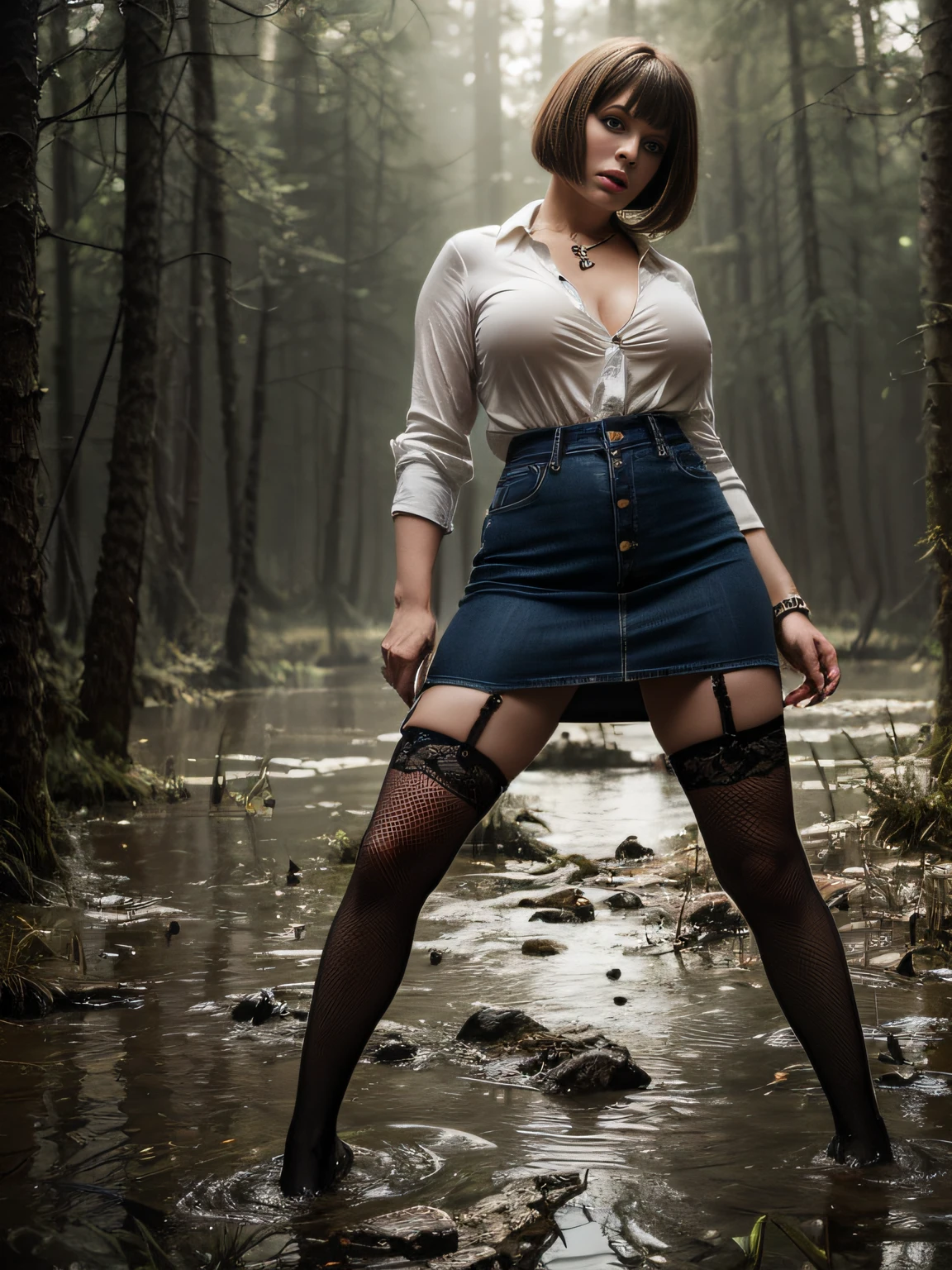 "(Best Quality,hight resolution:1.2),Mature saggy woman,(Bad Girl Style:1.05),Pronounced wrinkles,Bob haircut,(jeans skirt:1.05),lace blouse,(lace stockings with garters), standingn, ( drowning in a swamp:1.2),expression of despair,Dark and moody lighting, terror. The pose expresses panic and awkwardness"