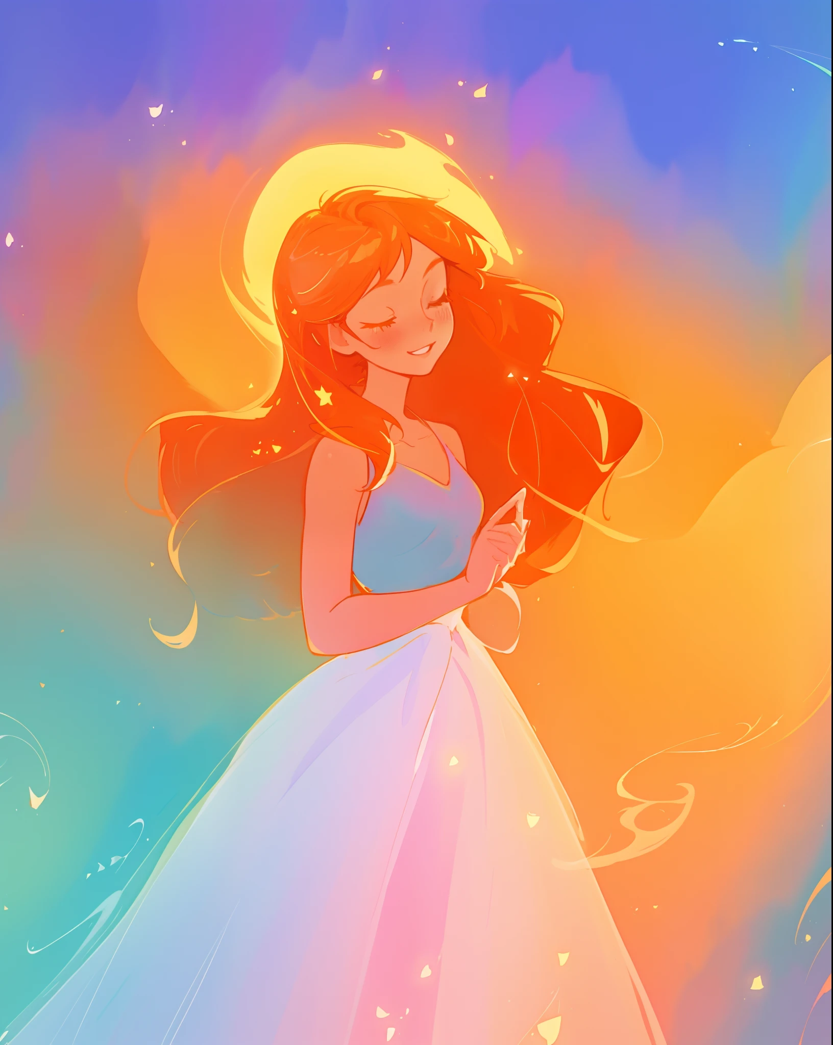 beautiful girl in puffy sparkling ballgown, long red and gold hair, colorful fantasia background, watercolor illustration, inspired by Glen Keane, inspired by Lois van Baarle, disney art style, by Lois van Baarle, glowing aura around her, by Glen Keane, jen bartel, glowing lights! digital painting, flowing glowing hair, glowing flowing hair, beautiful digital illustration, fantasia otherworldly landscape plants flowers, beautiful, masterpiece, best quality, anime disney style