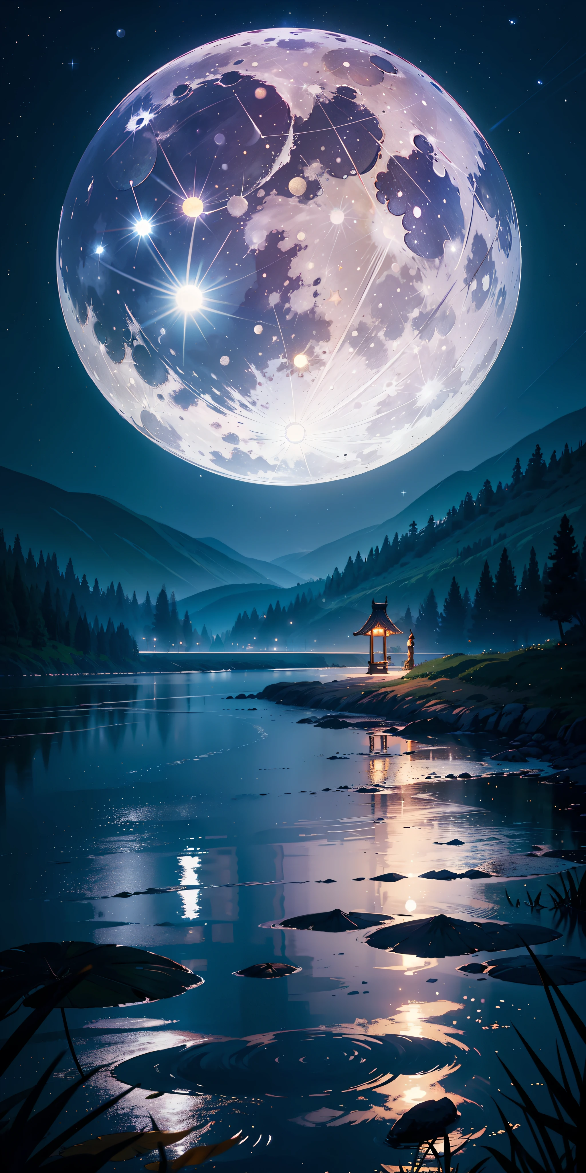 master part, gorgeous, Landscape, (((DDIM_HumaDDIMs))), Noite, flor, Jardim, Starry sky, constellations,((Full Moon)) , atordoante, vista, water, quente, aconchegante, peaceful, Meteoro, cosmico, Magic, magia, particuls, Justo, ((Pirilampos))
