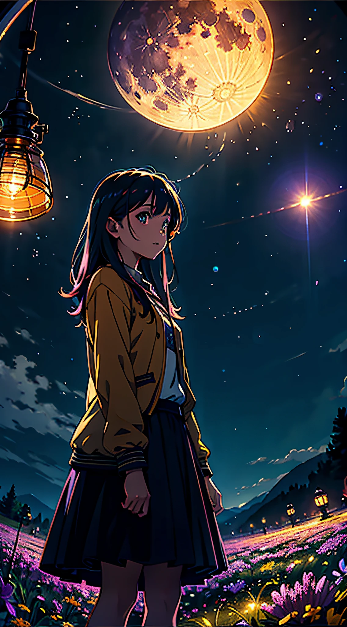 Expansive landscape photograph , (View from below,Displays the sky above and the clearing below), a girl standing on flower field looking up, (full moon:1.2), ( meteors:0.9), (Starcloud:1.3), Far Mountain, tree BREAK
production art, (Warm light source:1.2), (Firefly:1.2), lamp lights, lots of purples and oranges, Intricate details, Volumetric lighting BREAK
(Masterpiece:1.2), (Best quality), 4K, Ultra-detailed, (Dynamic composition:1.4), Highly detailed, Colorful details,( Iridescent colors:1.2), (luminouslighting, Atmospheric lighting), Dreamy, magical, (Solo:1.2)