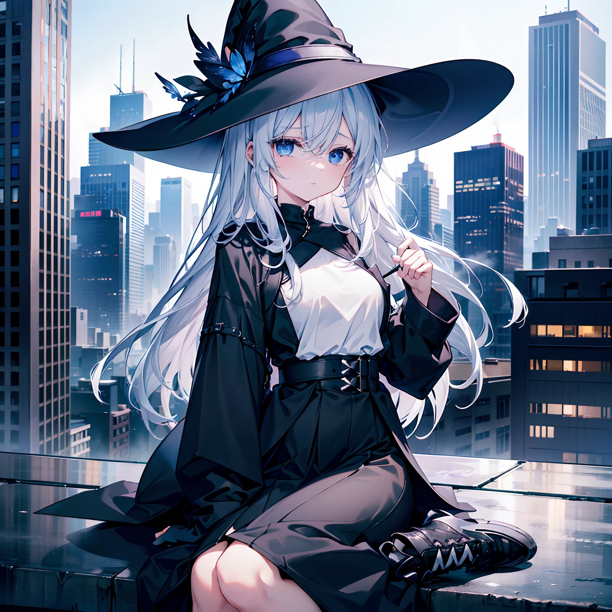 This is the rooftop of a skyscraper in the middle of the night、You can see a lot of buildings behind you、Photograph her from an angle of 45 degrees above、One 27-year-old woman with small breasts、She wears a large black witch hat with gemstone sapphire accessories、White lob hair with blue-violet mesh、Blue eyes with highlights、Black long coat、Plain white t-shirt、Black Midi Skirt、Black sneakers with white shoelaces、small tits、discreet breasts、Crying fleetingly、Tears spill ephemerally、hiquality、High Details、high-level image quality、4K picture quality、beatiful backgrounds