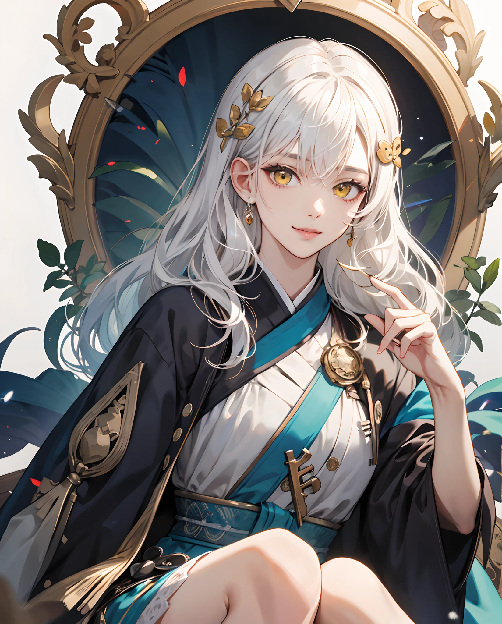 masterpiece、top-quality、超A high resolution、2D Beautiful Girl、animesque、teens girl、White hair、Fluffy hair、Antique key hair ornament、Beautiful yellow eyes、The clothes are also depicted in detail、Eyes are depicted in detail、The face is depicted in detail、sorcerer、soio、Gentle smile、hair adornments、animesque、illustratio