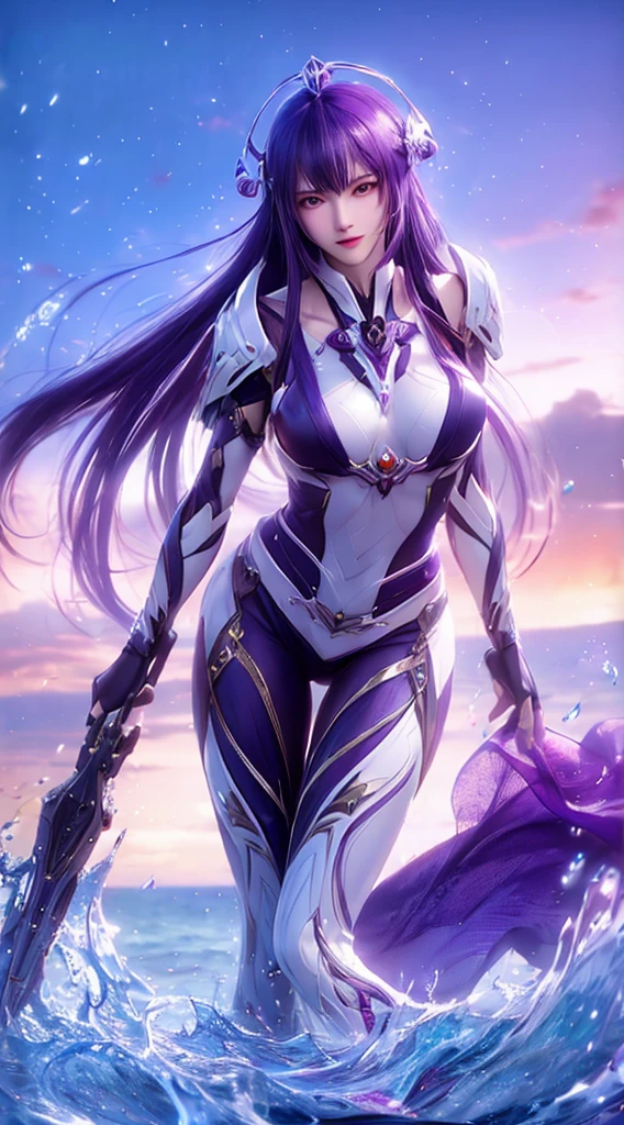 (A complex purple-haired woman,purple eye,Mecha joints and wing radiation, Quiet and dignified, Standing in the water), High-res, Ultra-detailed, Realistic, Vibrant colors, Bokeh, Studio lighting.