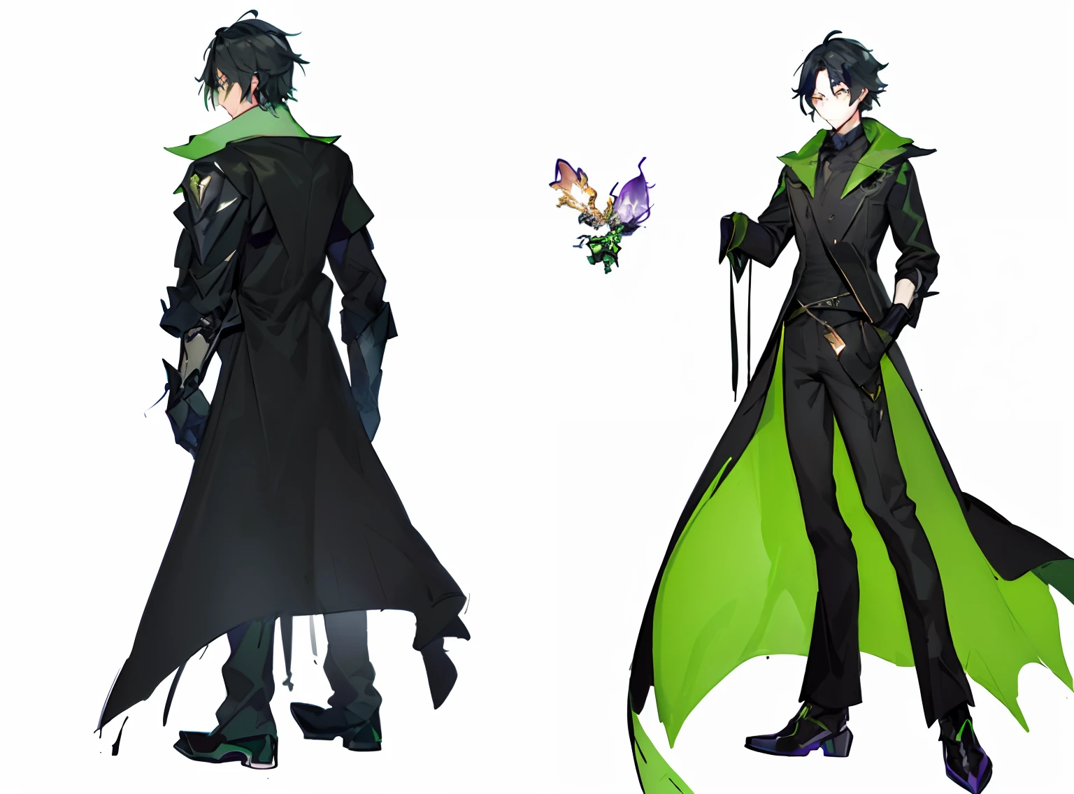 Close-up of two different images of a man in a black coat and green cloak, hori + concept-art, ( ( concept art of character ) ), Official concept art, official character art, shadowverse character concept, full body concept art, colored concept art, detailed full body concept art, black and green scheme, Anime character design, inspired by Yamagata Hiro