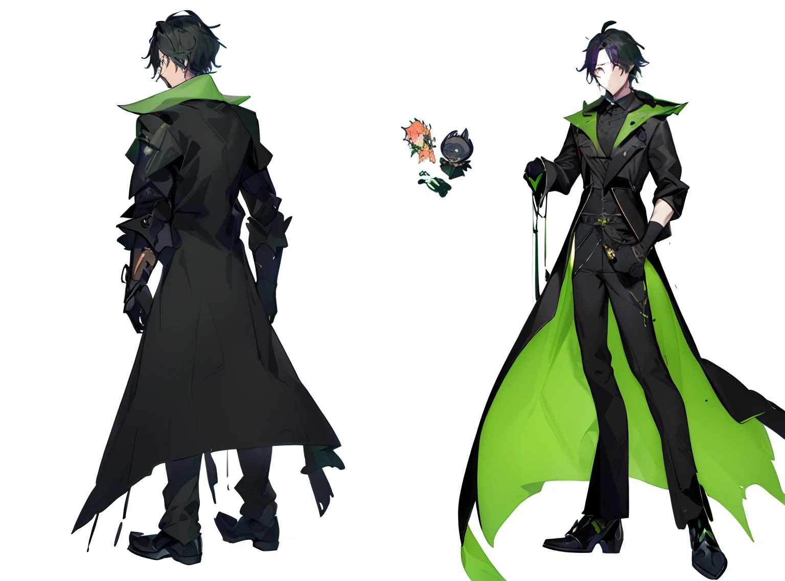 Close-up of two different images of a man in a black coat and green cloak, hori + concept-art, ( ( concept art of character ) ), Official concept art, official character art, shadowverse character concept, full body concept art, colored concept art, detailed full body concept art, black and green scheme, Anime character design, inspired by Yamagata Hiro