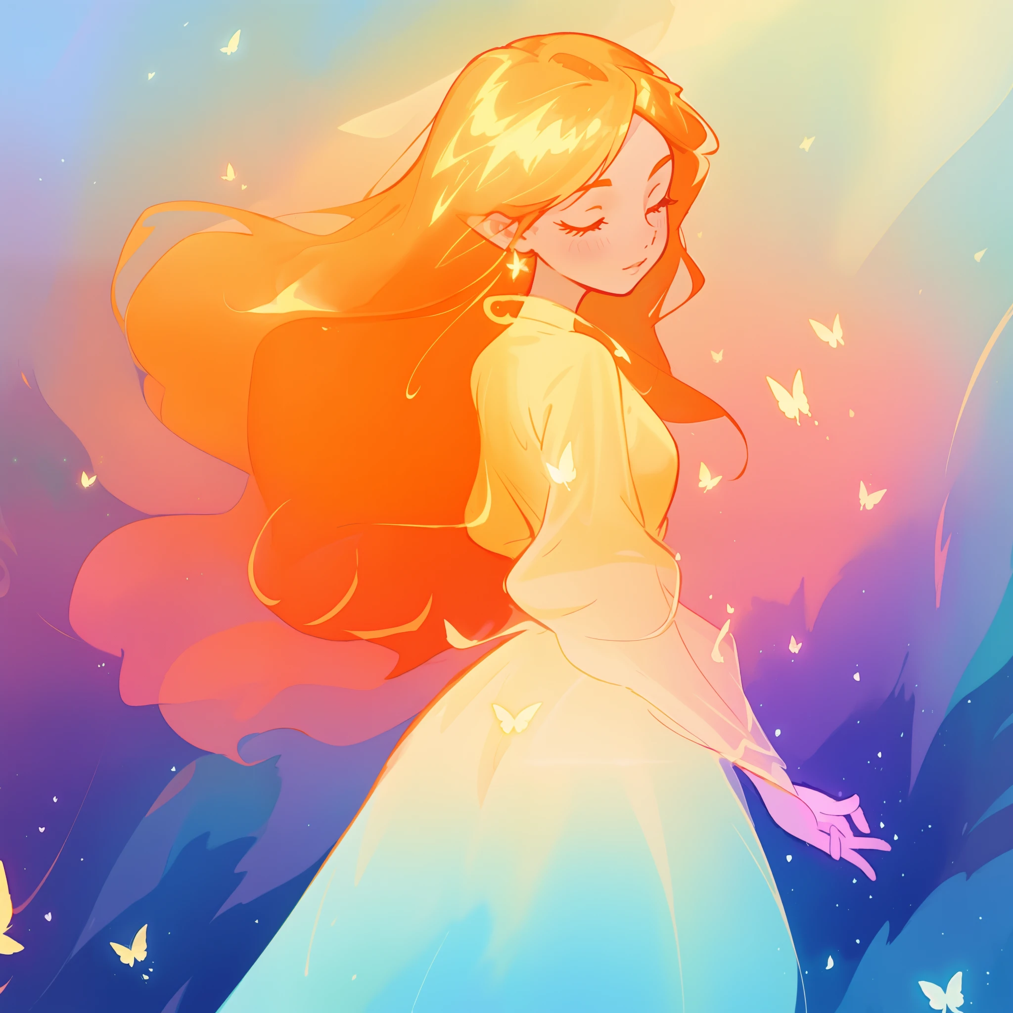 beautiful girl in flowing puffy gradient gold to aqua ballgown, flowing butterfly style sleeves, long sparkling red hair, delicate gold crown, fantasia background, watercolor illustration, inspired by Glen Keane, inspired by Lois van Baarle, disney art style, by Lois van Baarle, glowing aura around her, by Glen Keane, jen bartel, glowing lights! digital painting, flowing glowing hair, glowing flowing hair, beautiful digital illustration, fantasia otherworldly landscape plants flowers, beautiful, masterpiece, best quality, anime disney style