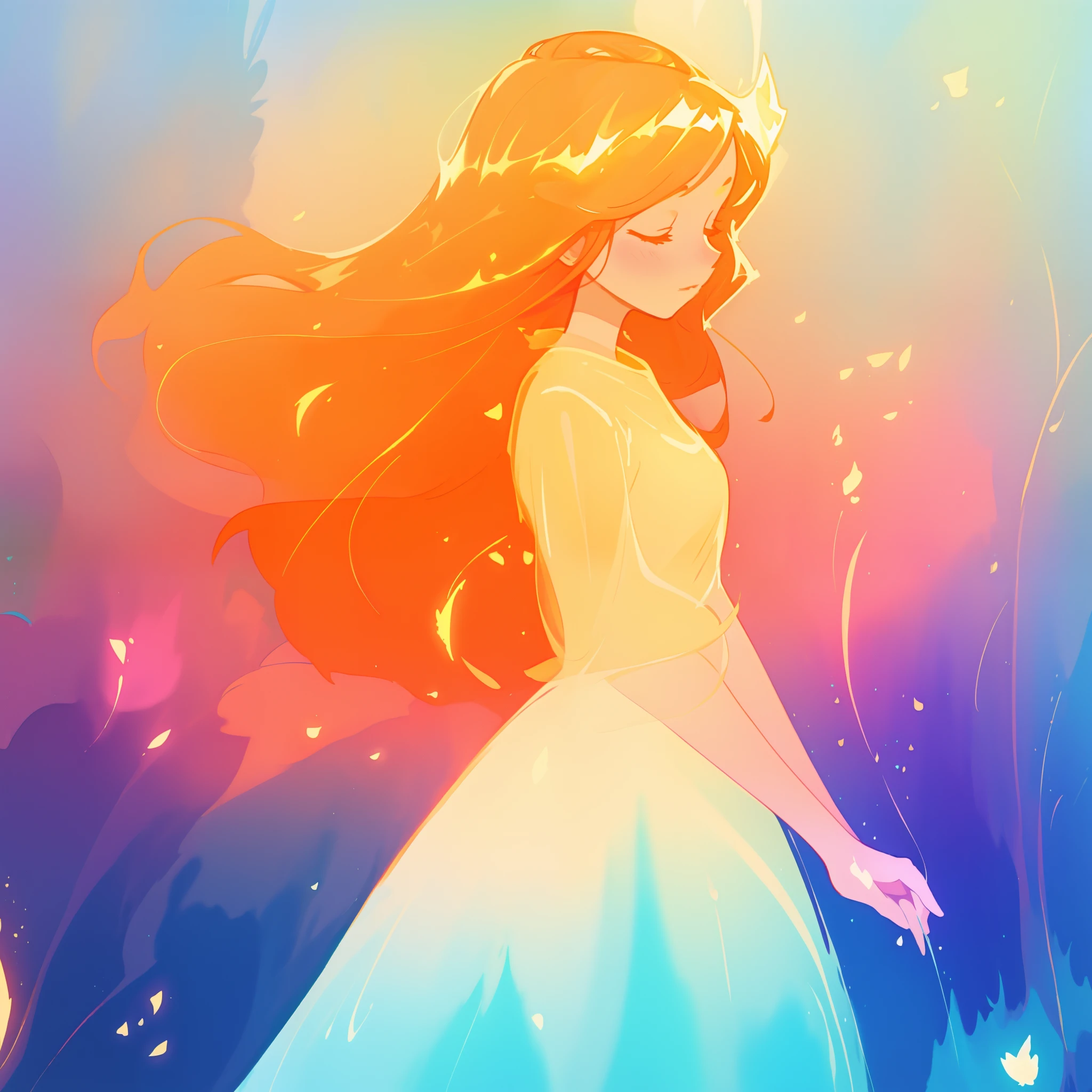 beautiful girl in flowing puffy gradient gold to aqua ballgown, long sparkling red hair, delicate gold crown, fantasia background, watercolor illustration, inspired by Glen Keane, inspired by Lois van Baarle, disney art style, by Lois van Baarle, glowing aura around her, by Glen Keane, jen bartel, glowing lights! digital painting, flowing glowing hair, glowing flowing hair, beautiful digital illustration, fantasia otherworldly landscape plants flowers, beautiful, masterpiece, best quality, anime disney style