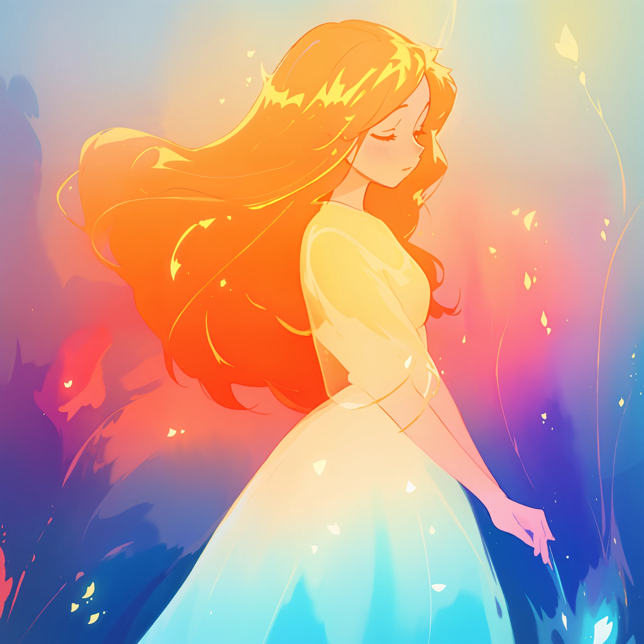 beautiful girl in flowing puffy gradient gold to aqua ballgown, long sparkling red hair, delicate gold crown, fantasia background, watercolor illustration, inspired by Glen Keane, inspired by Lois van Baarle, disney art style, by Lois van Baarle, glowing aura around her, by Glen Keane, jen bartel, glowing lights! digital painting, flowing glowing hair, glowing flowing hair, beautiful digital illustration, fantasia otherworldly landscape plants flowers, beautiful, masterpiece, best quality, anime disney style