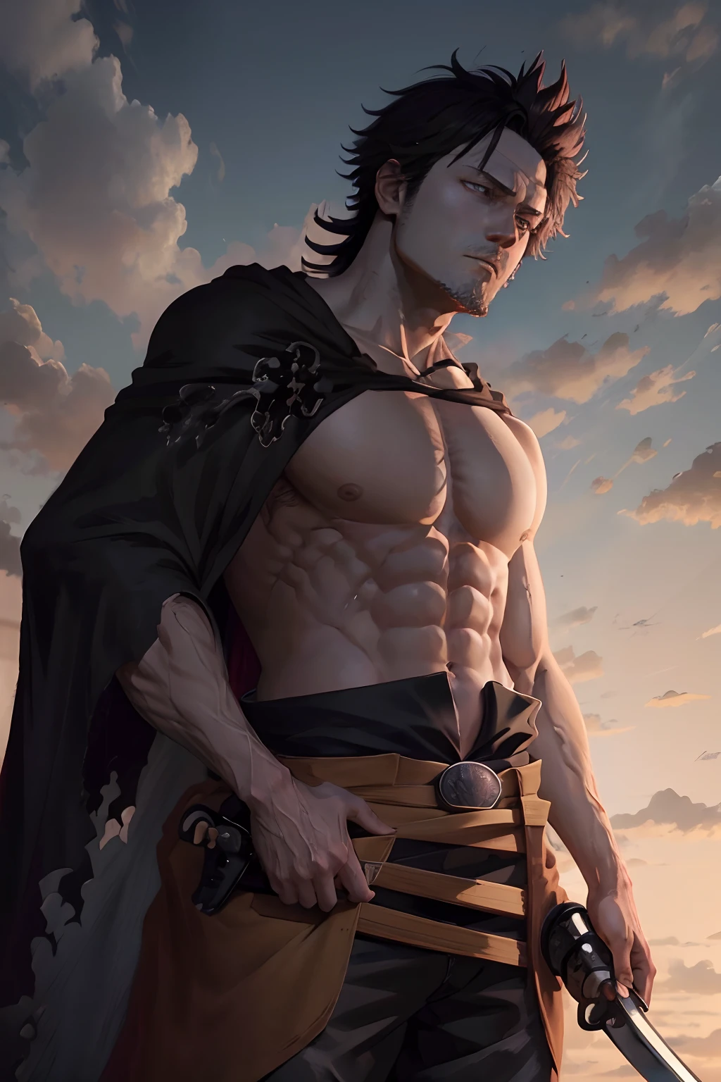 anime《blackclover》In Yami, Black hair, Black robes on the shoulders, Black jeans, katana swords, Holding a katana, Handsome man, Muscular man, There is a beard. looking at viewert, staring intently，full bodyesbian，frontage