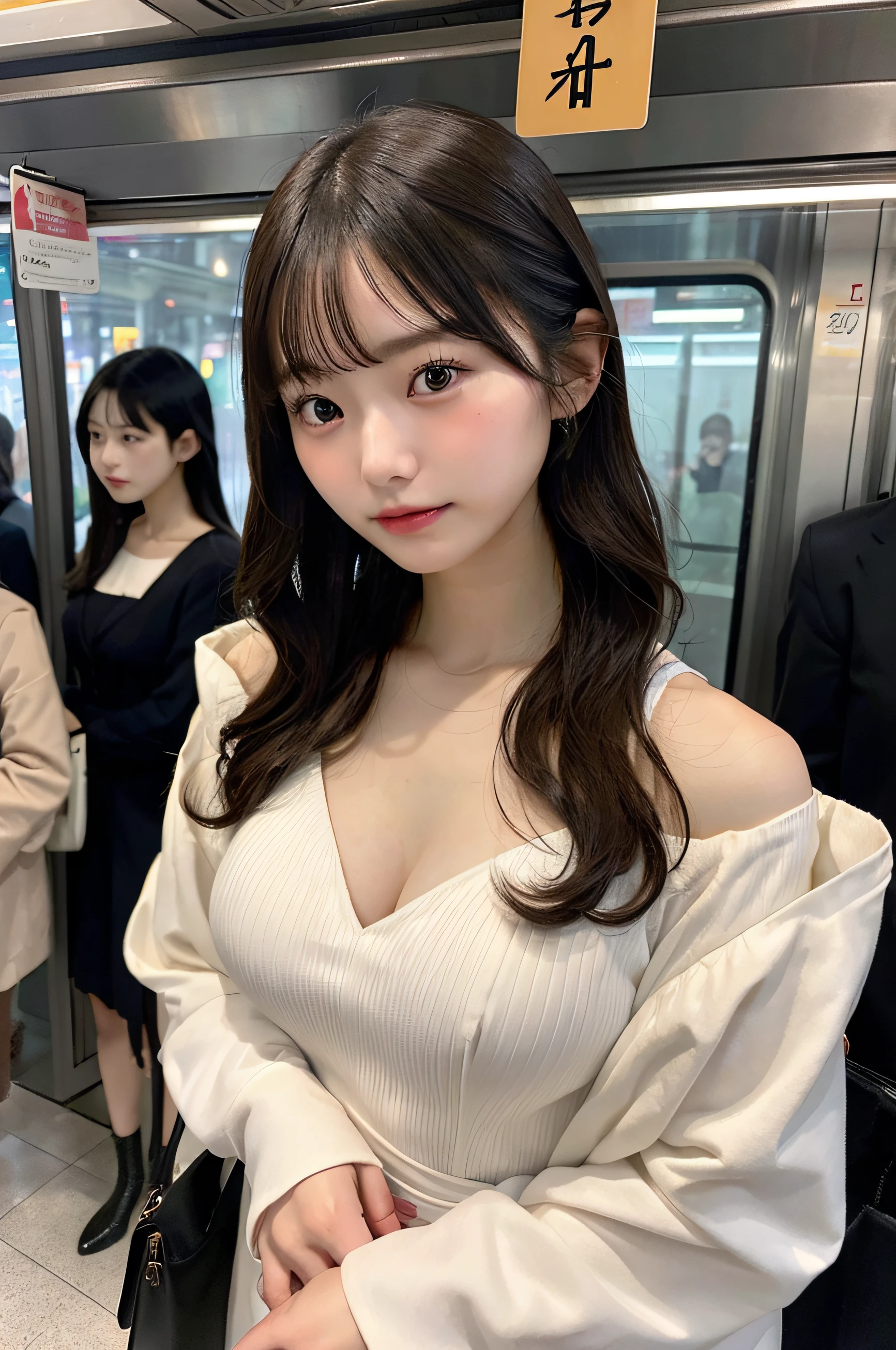 two womens、huge tit、g-cup、22year old、japanes、Wearing a long-sleeved dress、Standing in front of me on a crowded train、I'm looking from above、Hands on chest