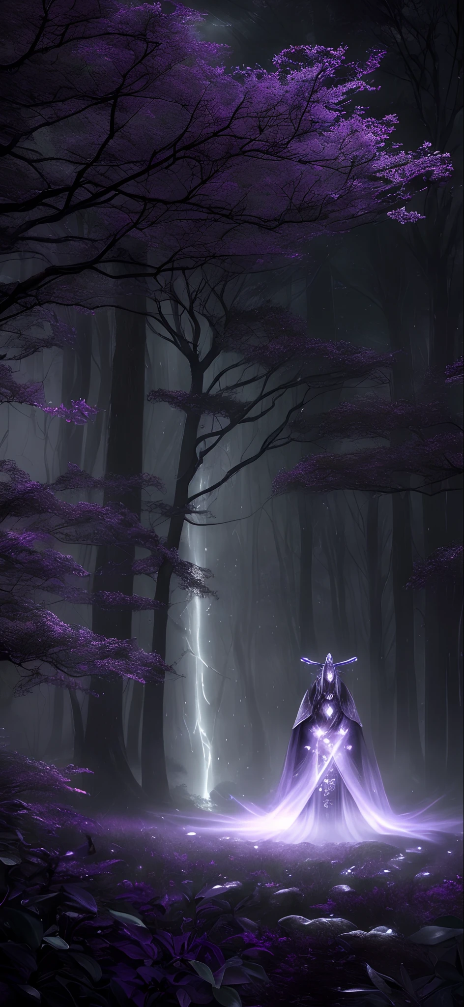(best quality,4k,8k,highres,masterpiece:1.2),ultra-detailed,(realistic,photorealistic,photo-realistic:1.37),black and glowing purple male samurai in dark rain forest,illustration,foreboding atmosphere,mysterious fog,cascading waterfalls,misty tree canopies,glimmering moonlight,ancient ruins,crumbling stone pillars,ominous shadows,ethereal haze,mystical aura,dense foliage,rays of moonlight piercing through the trees,melancholic beauty,majestic presence,elegant armor reflecting moonlight,flowing dark purple cape,sharp katana held with a firm grip,eyes shining with determination and focus,calm and composed expression,glimpse of a hidden deity watching over the samurai,subtle whispers echoing through the forest,sublime beauty and danger intertwined,faint sound of raindrops blending with the rustle of leaves. Anime effect