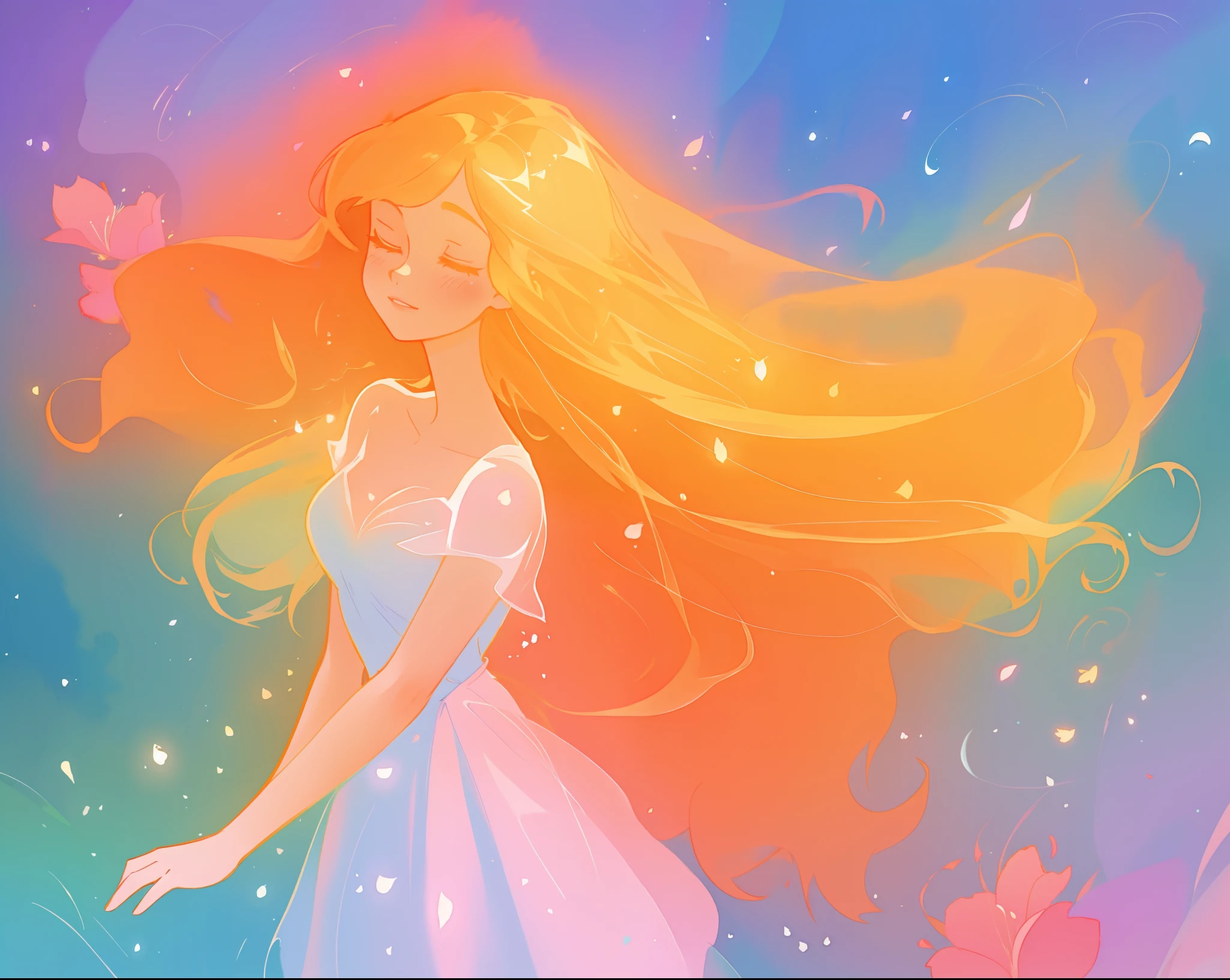 beautiful girl in flowing multi-layered dress, fairy dress, long golden hair, watercolor illustration, inspired by Glen Keane, inspired by Lois van Baarle, disney art style, by Lois van Baarle, glowing aura around her, by Glen Keane, jen bartel, glowing lights! digital painting, flowing glowing hair, glowing flowing hair, beautiful digital illustration, fantasia otherworldly landscape plants flowers, beautiful, masterpiece, best quality, anime disney style