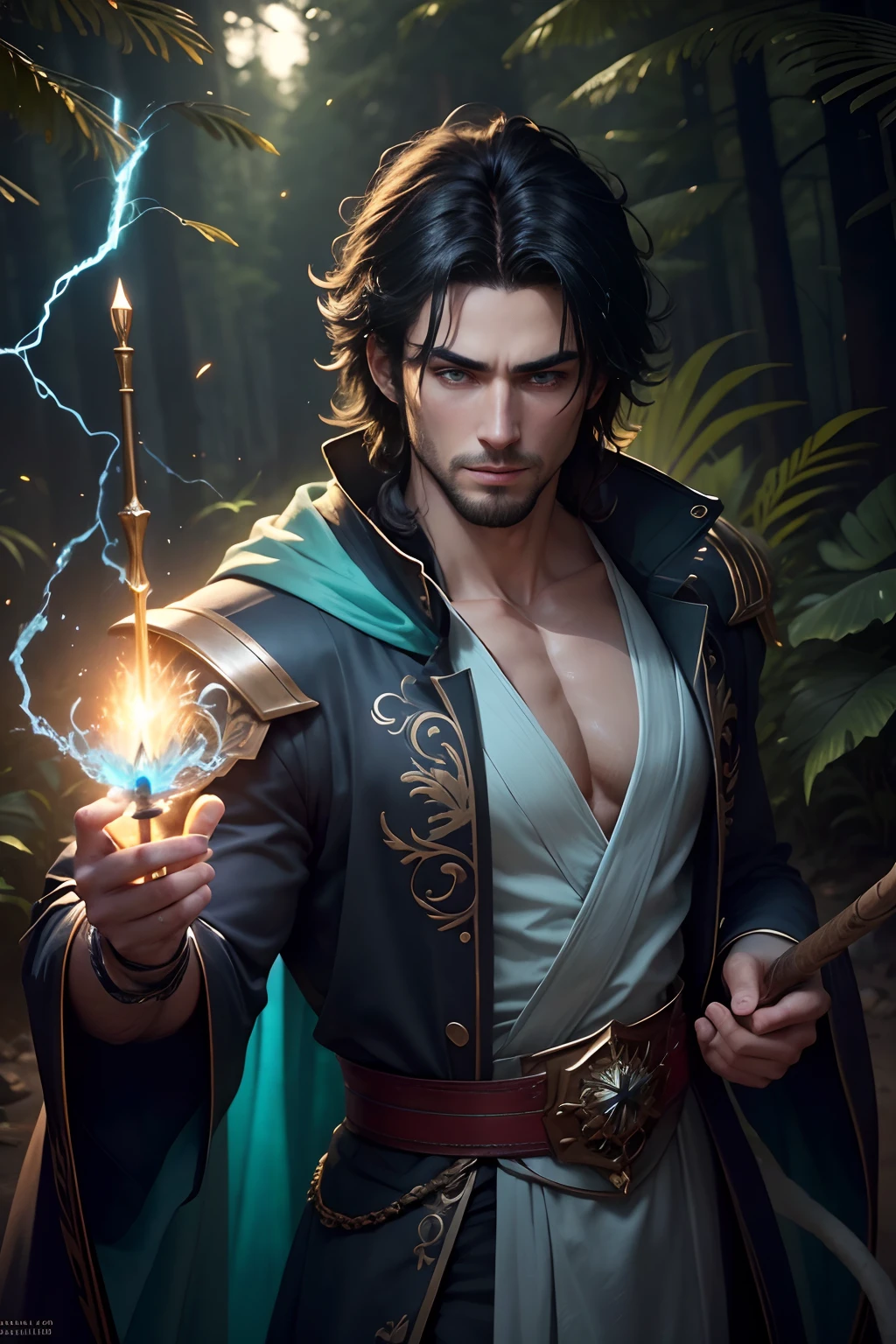 8K,Photorealsitic, Raw photography, top-quality;1.4) , (One adult male), Super handsome without a beard, (Lifelike face), long blue-black hair, Handsome prince, Cyan silk robe, green decoration, glares, holding a staff, forests, realisitic, Precise details, unrealengine, Beautiful expression, Details of each part, electricity glows in the palm(effect), super high resolution, A hyper-realistic, attractive male, real looking skin, Fantasy Emperor, Handsome man, wind magic, water magic, forest at night, stars in the sky, (short messy hair), goatee, silk floating clothes, lots of fireflies