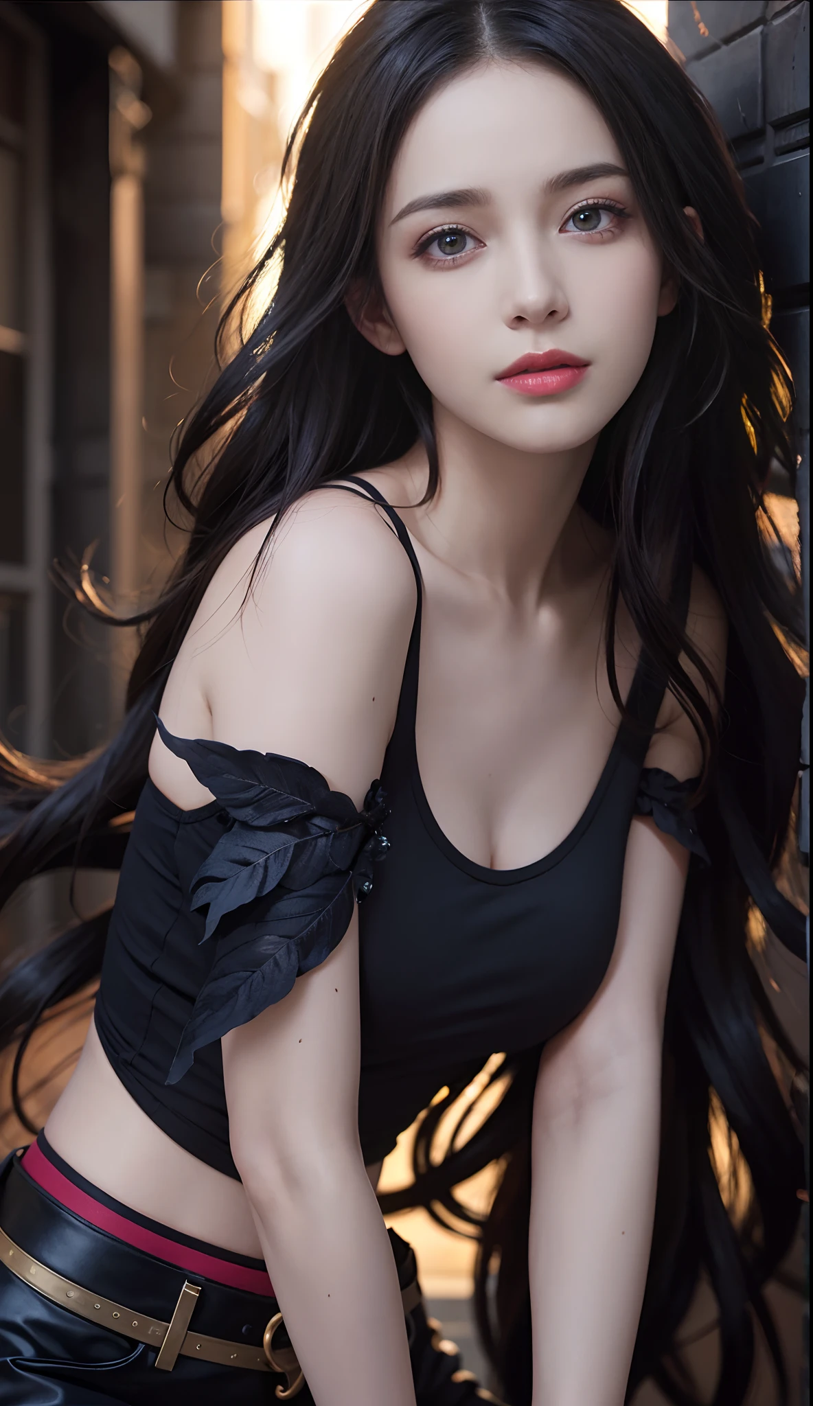 (dent in the skin:1.5), Realistic, realisticlying, (tmasterpiece:1.5), concept-art, Complicated details, highly detailed, realisticlying, rendering by octane, 8K, unreal-engine, dynamicposes, best qualtiy, A high resolution, (Realistic face:1.1), (hyper realisitc:1.1), (full_Body)), perfect eyes,(shiny skins:1.2), (((Hairstyles))), (((perfect hand))), (very highly detailed background), ((Dynamic background)), (llight rays), ((Detailed eyes, high-quality eyes, face with high quality)), (((Flowing hairstyle))), Epic, depth of fields, Bokeh, 4K, gotik, Mountain background, salama, Glowing blue iris, is in night,Smile,