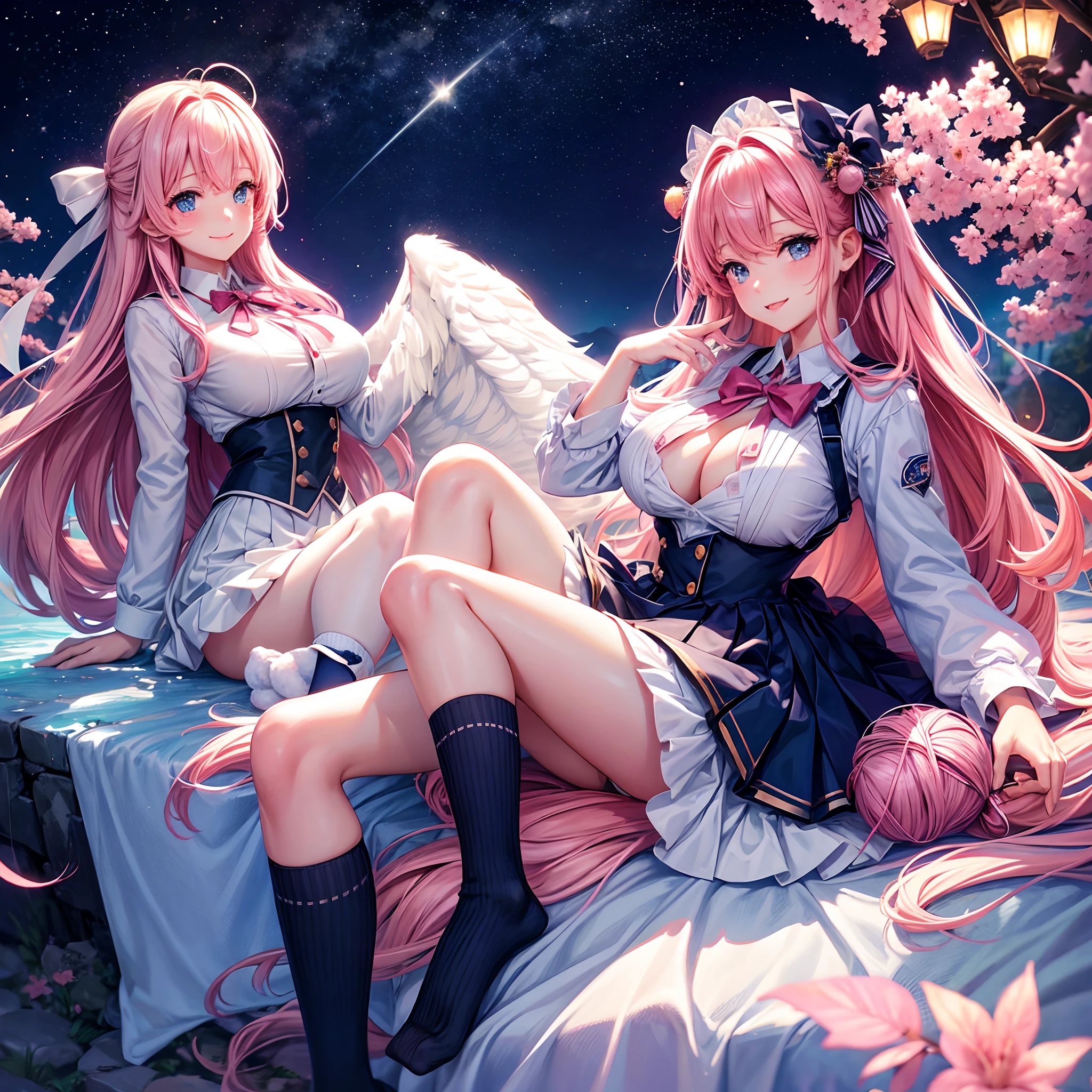 A starry sky，a beauty girl，anime a girl，Ribbon on uniform，huge tit，a smile，Pink hair，blue eyess，beautiful a girl，She's an Angel，girl，Long，​masterpiece，Excellent style，Loose Socks，超A high resolution，