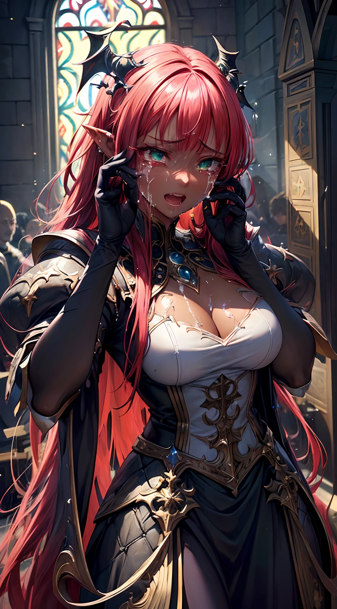 (best quality,masterpiece:1.2),1girl,adult,demon-girl,demon princess,(red hair,dark skin,green eyes:1.1), (weeping, tears:1.6), pointy ears,cute face,smiling,looking up,upper body,hair strand,fair skin,royal armor,illustration,detailed eyes,detailed lips,intense gaze, (open mouth), (shouting face expression:1.35), (Wipes away tears, hands near his face:1.5), flowing hair,ornate armor,shimmering textures,(in church background:1.5),vibrant colors,sharp focus,powerful presence,luminous lighting,mythical atmosphere,battle vibes,sinister beauty,haunting aura,fierce determination,commanding stance