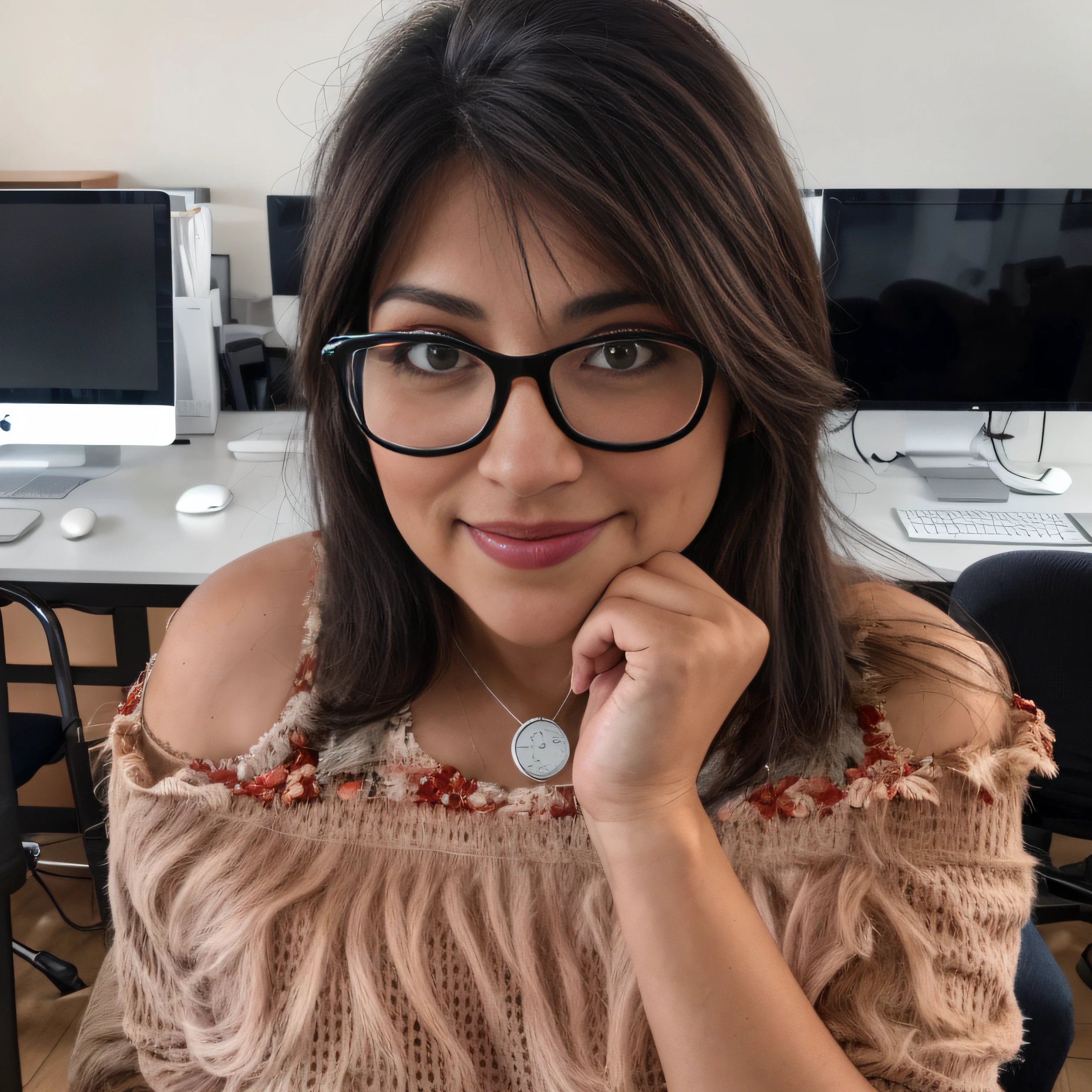 There's a woman sitting at a table with a laptop and a cell phone, alanis guillen, lorena avarez, con gafas puestas, Linda sonrisa ligeramente nerd, con gafas, fernanda suarez, Julia Fuentes, Karla Ortiz, Imagen de perfil, leve sonrisa nerd, Magda Torres Gurza, Chica con gafas, Imagen profesional, sat at her desk(Generar imagen desnuda:1),(mantener rostro:1.2),chica delgada,sin ropa,(desnuda:.5),(tetas grandes:0.5),cuerpo completo.Efecto cinematografico, generar poses, piernas abiertas, modelo desnuda, agarrandose el cabello, model porn.imagen nitida,habitacion clara, sin vestido, sin ropa.