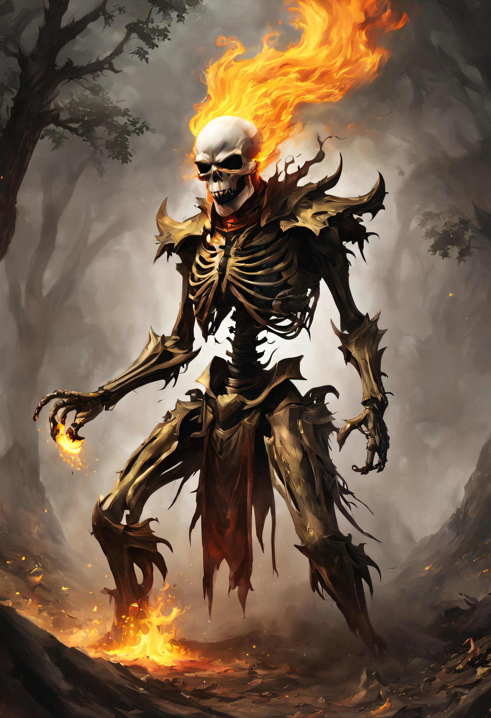 golds、The tree、Eau、firey、soil、Wu Xing、special effect、Fine lines、white backgrounid、rich colours、Escape armor、skelleton、open open mouth、tosen、Demon multicolored ghost fire special effects to create a logo,