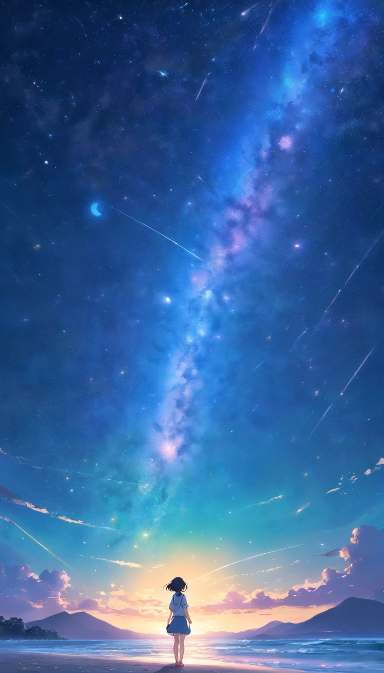 The entire starry sky of the Milky Way,Twinkling starlight,Boundless,Fantastic sights,A girl stands,Beautiful beaches around。