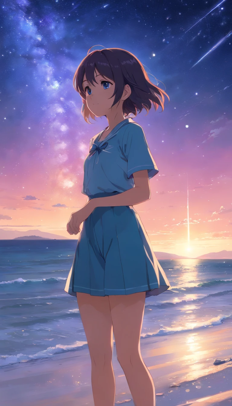 The entire starry sky of the Milky Way,Twinkling starlight,Boundless,Fantastic sights,A girl stands,Beautiful beaches around。