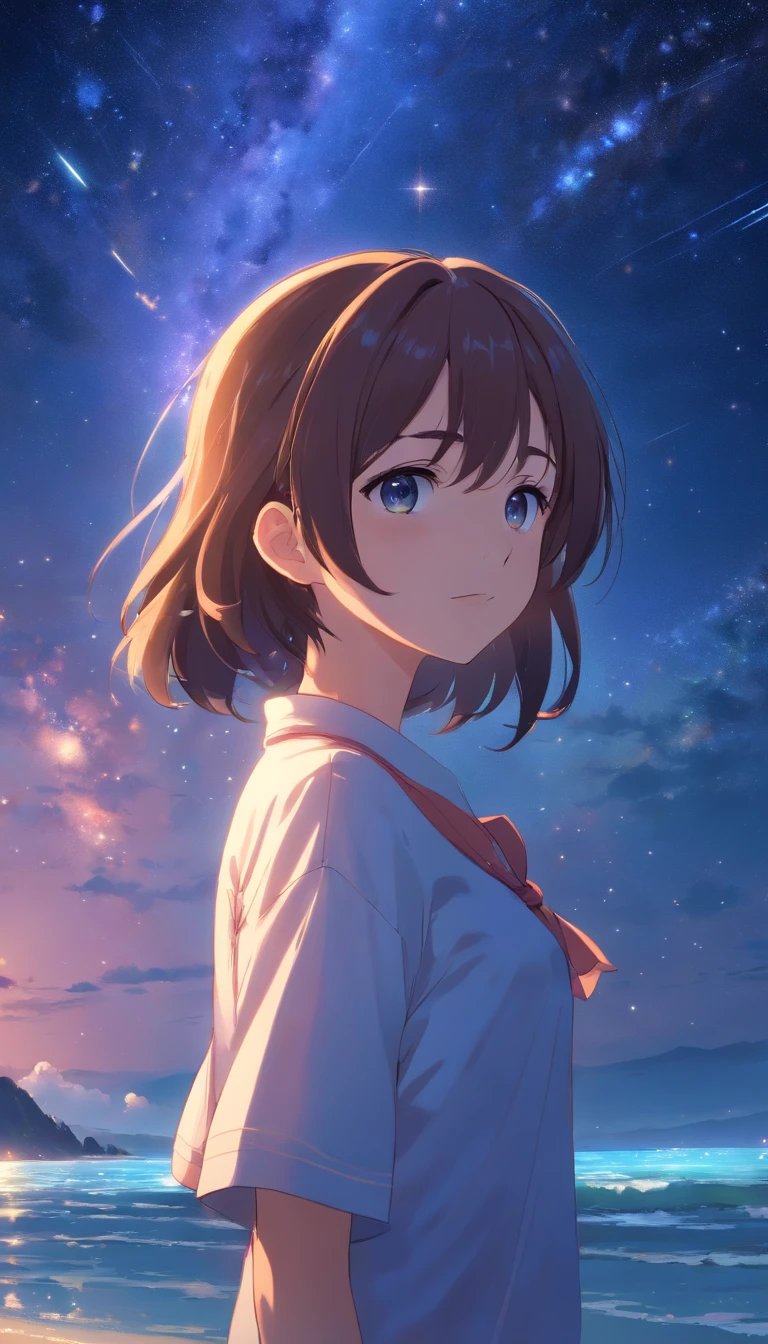 The entire starry sky of the Milky Way,Twinkling starlight,Boundless,Fantastic sights,A girl stands,Beautiful beaches around。