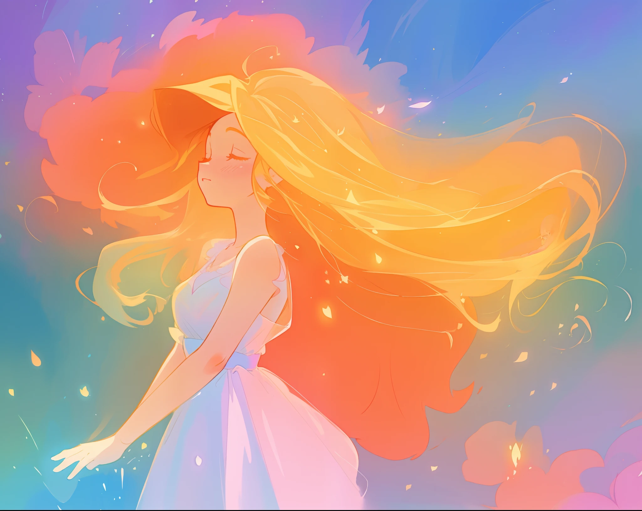 beautiful girl in flowing multi-layered dress, fairy dress, long golden hair, watercolor illustration, inspired by Glen Keane, inspired by Lois van Baarle, disney art style, by Lois van Baarle, glowing aura around her, by Glen Keane, jen bartel, glowing lights! digital painting, flowing glowing hair, glowing flowing hair, beautiful digital illustration, fantasia otherworldly landscape plants flowers, beautiful, masterpiece, best quality, anime disney style