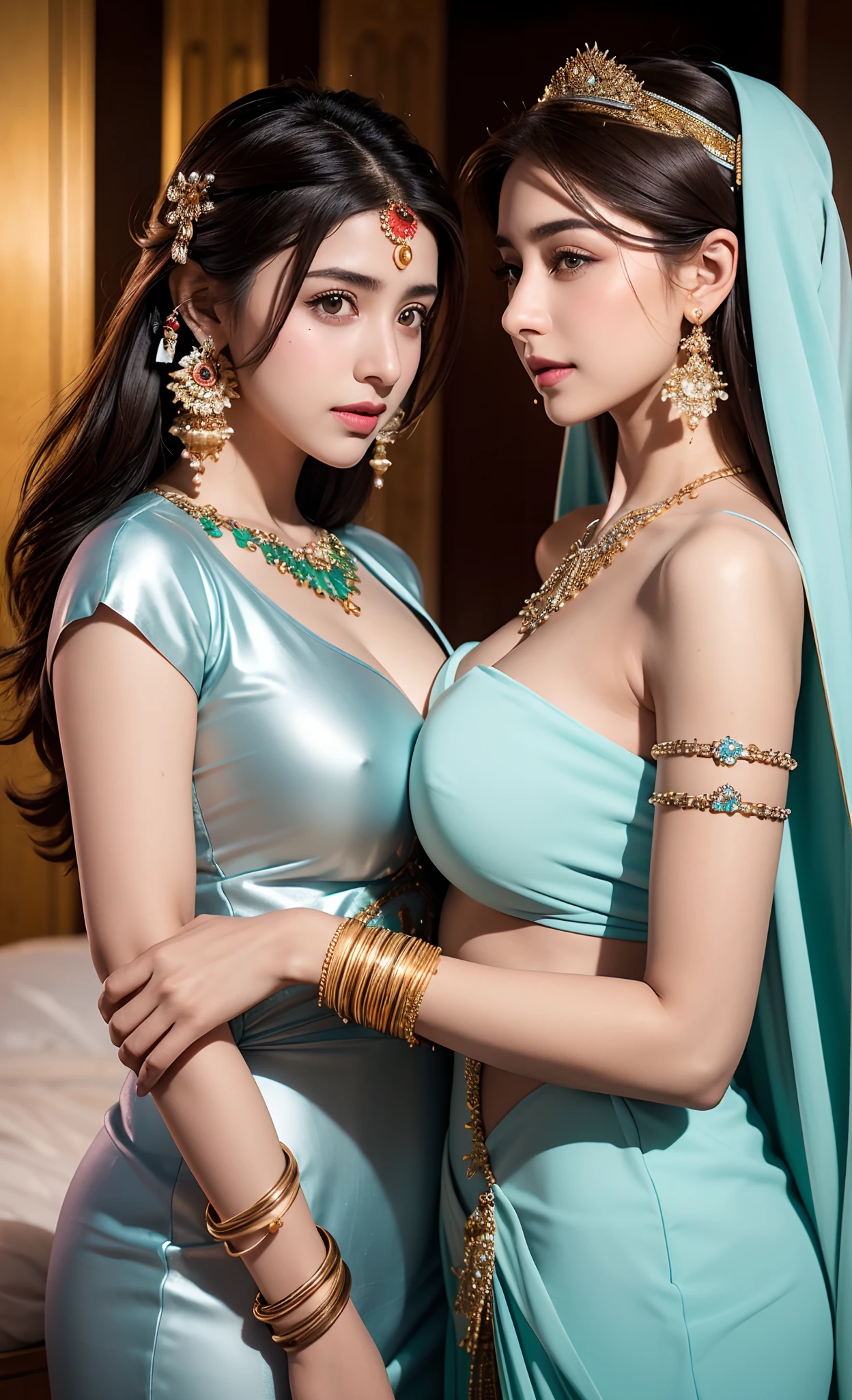 two Omani beauties,(masterpiece, best quality), (photo realistic), HDR,
front view, Look at the camera,
dynamic pose,
Various earrings,
Various bracelets,