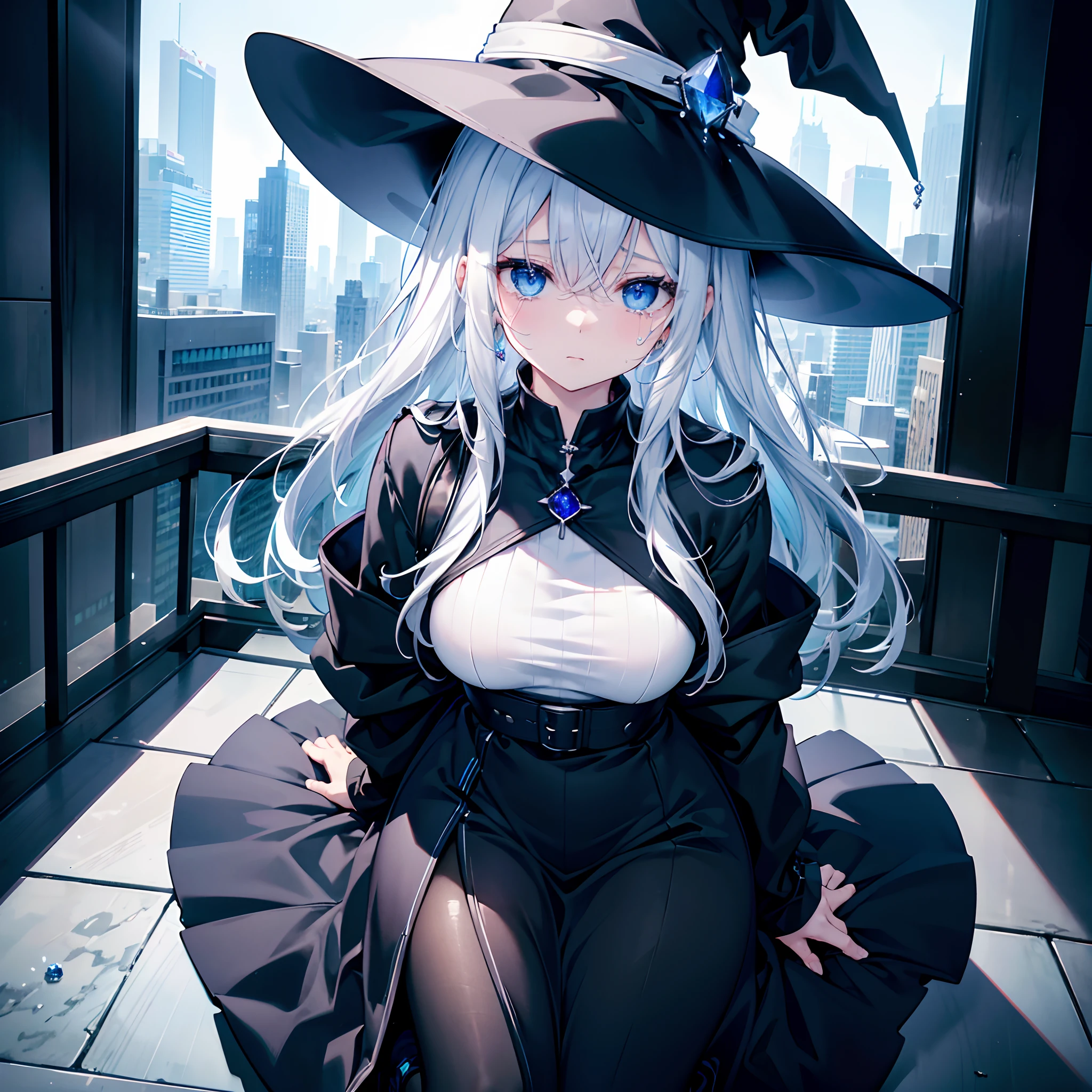 This is the roof of a skyscraper that is taller than other buildings in the middle of the night、It overlooks a lot of buildings behind it、Photograph her from an angle of 45 degrees above、One 27-year-old woman with small breasts、She wears a large black witch hat with gemstone sapphire accessories、White lob hair with blue-violet mesh、Blue eyes with highlights、Black long coat、Plain white t-shirt、Black Midi Skirt、Black sneakers with white shoelaces、small tits、discreet breasts、Crying fleetingly、Tears spill ephemerally、hiquality、High Details、high-level image quality、4K picture quality、beatiful backgrounds