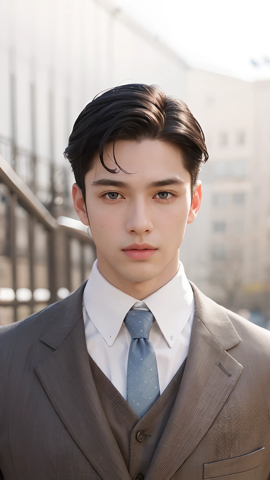 A man with neat, realistic black hair, exactly the same hair style, realistic handsome face, realistic cool expression, exactly the same realistic facial shape,Adapt the exact same clothes, realistic light, realistic shadows, real background,Realistic blue eyes,A realistic 25 year old young man, handsome like a realistic Korean
