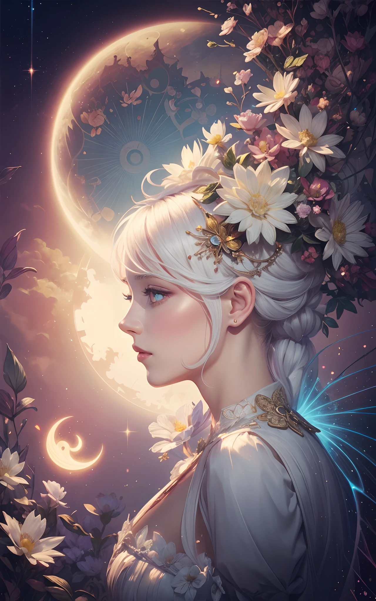 ((gorgeous princess)), (with long flowing white hair), (bright and beautiful eyes), (side profile), trend on art station, flower of hope by Jean-Honor Fragonard, Peter mohrbacher, super Detailed, crazy detail, stunning, intricate, elite, art nouveau, ornate, liquid wax, elegant, luxurious, Greg Rutkowski, ink style, sticker, vector art beautiful character design, double exposure shot, luminous design, winning entry, masterpiece, amoled black background,