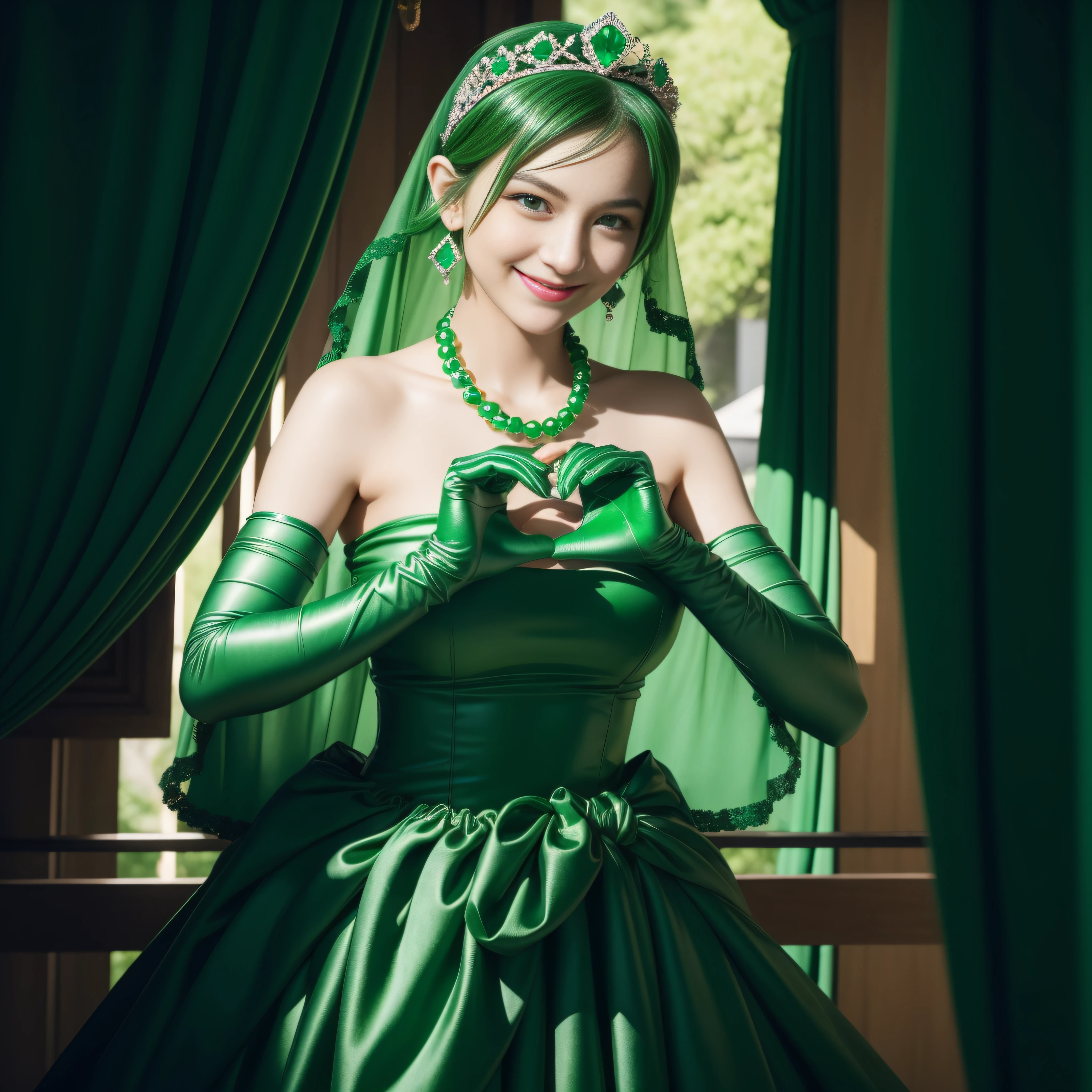 emerald tiara, Green Pearl Necklace, Boyish very short green hair, lipsticks, Japan woman smiling, very short short hair, big breasts beautiful, Green eyes, Long green gloves made of satin material, Green eyes, Emerald Earrings, green vale, Heart with both hands