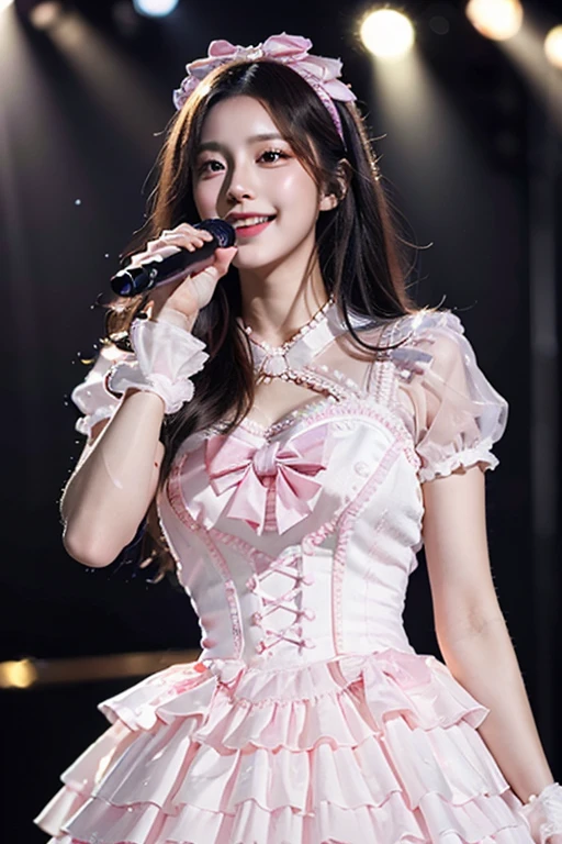 16K quality、Highest quality, It is high resolution., Real photo、Realistically、Realistic texture、Full body portrait、((Cute age KPOP idols))、((Concert Venues、stand、Large crowd))、(((激しい動きでIdol stage dressesの裾が捲れ上がる、Pantyhose are visible from the hem of her lifted up dress:1.2)))、((Sing and dance with a microphone))、((Cute idol stage costume in blue and white、Idol stage dresses、corset、No sleeve、Large ribbon on the chest、丈の短いIdol stage dresses))、((Embarrassed expression))、Be sexually aroused、Ecstatic facial expression、 (( 艶のある美しいBrown Hair、Twin tails、Put one ear out ))、((Brown Hair))、((blue eyes))、((Lift your legs higher、Wide-open legs、Bold Pose))、(C cup breasts)、((Very thin, highly transparent pantyhose、Shiny seamless pantyhose))、((High cut high leg white panties))、choker、Shiny earrings、Beautiful legs、A smile full of happiness、High heels、(Big eyes、Very beautiful and subtle makeup, Light makeup)、Perfect body、Perfect hands、Perfect Fingers、Detailed and beautiful thin lips、A clear, beautiful face and well-proportioned eyes、Highly detailed eyes and face、A neat nose、Thin eyebrows、(Perfect Eyes)、Realistic Light、subtle eye shadow、Detailed and beautiful lips 、 Cute round face, Plump thighs、Accentuate your thighs、Hairstyle with bangs、Slender body、slim、Light-reflecting skin、Model Body Type、Detailed fingers、Beautiful Eyes、Long eyelashes、8Head to Body、Low - Angle、The light reflected in your eyes、Smaller face、double eyelid、Big Eyes、Lip gloss、Looking away、Background blur、Movie lighting from the front、Light on face