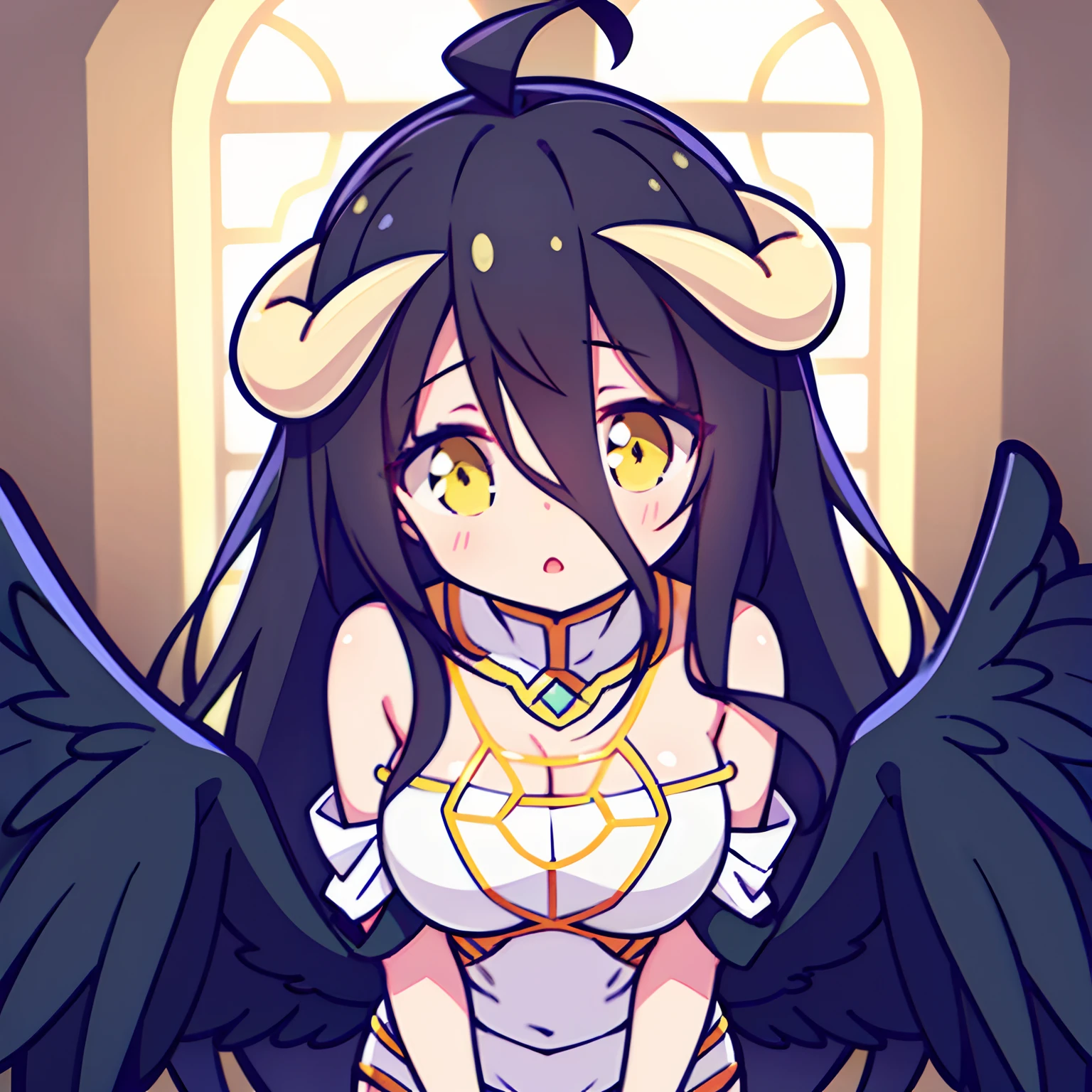 masuter piece, Best Quality, 超A high resolution, top-quality, Anime style, albedo, white horns, cabelos preto e longos, Black wings grow from the waist, Yellow eyes, Upper body, Best proportions