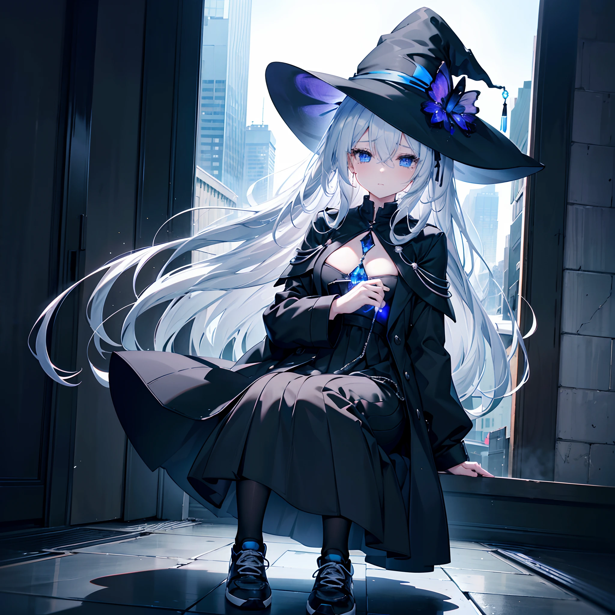 This is the roof of a skyscraper that is taller than other buildings in the middle of the night、It overlooks a lot of buildings behind it、Photograph her from an angle of 45 degrees above、One 27-year-old woman with small breasts、She wears a large black witch hat with gemstone sapphire accessories、White lob hair with blue-violet mesh、Blue eyes with highlights、Black long coat、Plain white t-shirt、Black Midi Skirt、Black sneakers with white shoelaces、small tits、discreet breasts、Crying fleetingly、Tears spill ephemerally、hiquality、High Details、high-level image quality、4K picture quality、beatiful backgrounds