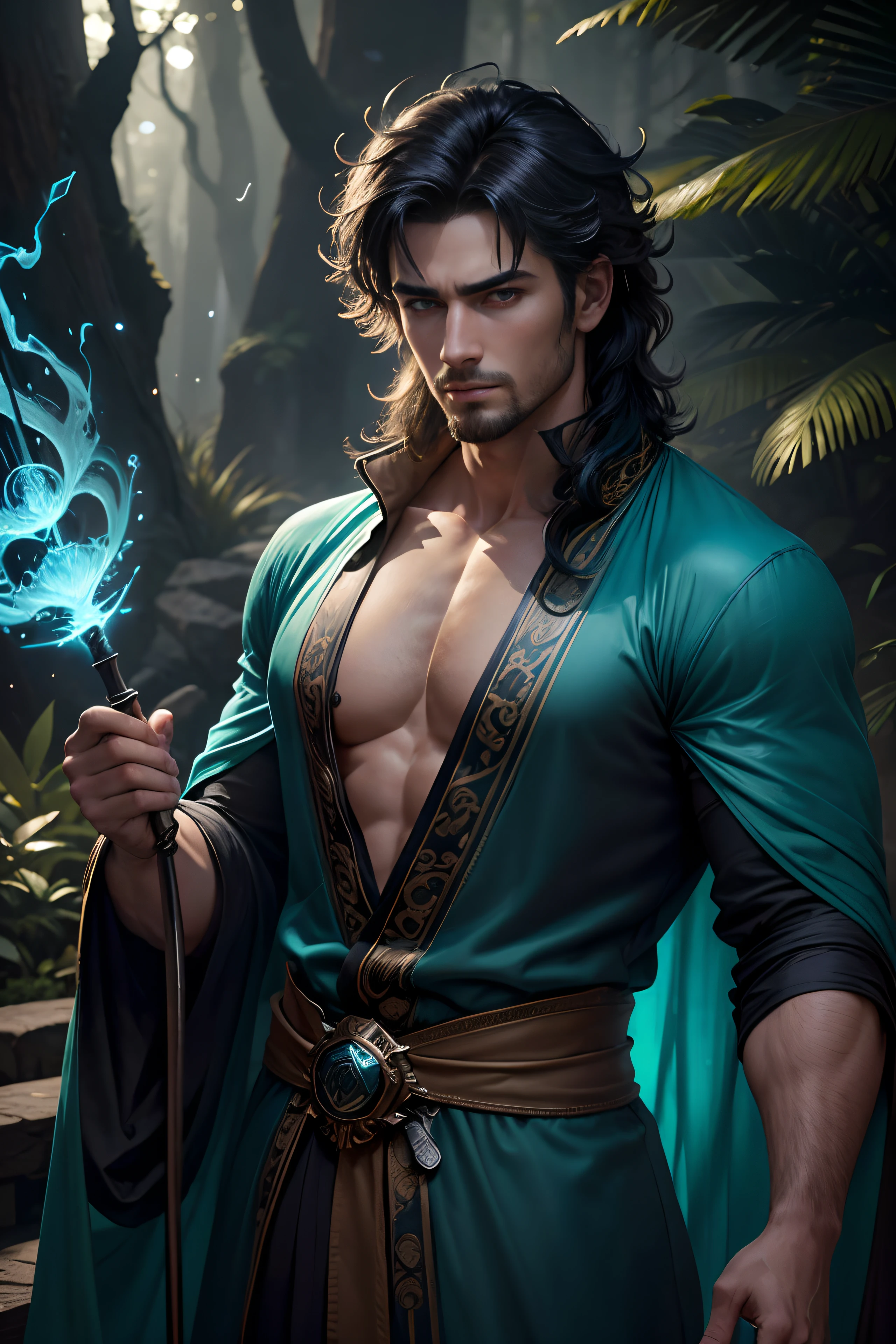 8K,Photorealsitic, Raw photography, top-quality;1.4) , (One adult male), Super handsome without a beard, (Lifelike face), long blue-black hair, Handsome prince, Cyan silk robe, green decoration, glares, holding a staff, forests, realisitic, Precise details, unrealengine, Beautiful expression, Details of each part, electricity glows in the palm(effect), super high resolution, A hyper-realistic, attractive male, real looking skin, Fantasy Emperor, Handsome man, wind magic, water magic, forest at night, stars in the sky, (messy hair), goatee, silk floating clothes, lots of fireflies