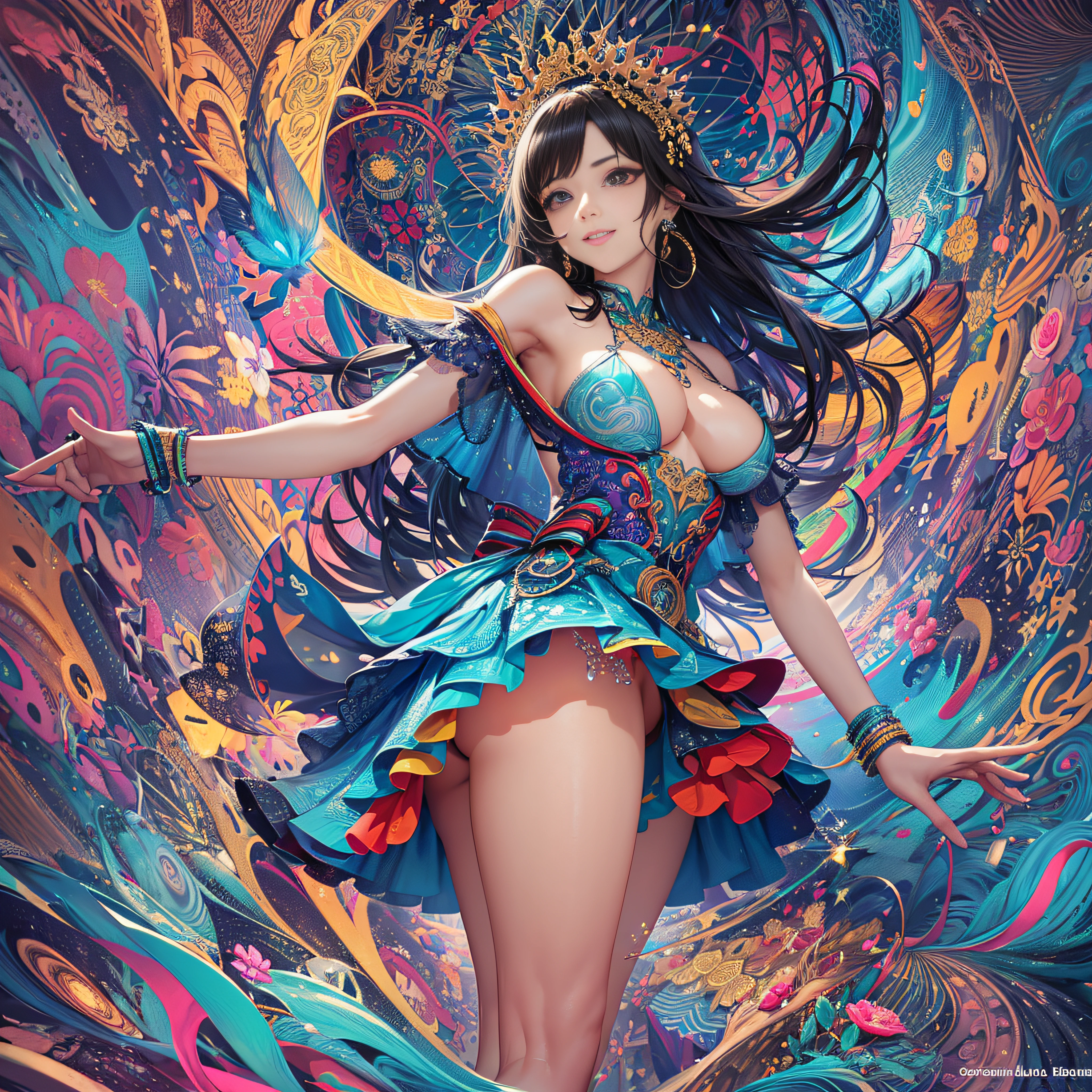 (masutepiece, of the highest quality, Best Quality, Official art, Beautiful and aesthetic:1.2), (1girl in:1.3), Extremely detailed,(Fractal Art:1.2),Colorful,highest details,(Zentangle:1.2), (Dynamic Pose), (Abstract background:1.5), (Parliamentary Dresses:1.2), (Shiny skin), (Many colors:1.4), Upper body, Thin gauze, Off-the-shoulder, blooming flower field, Glowing skin, lightsmile, Camel toe, Sexy, Bust, nakeness,From below,Ass Up wAIT