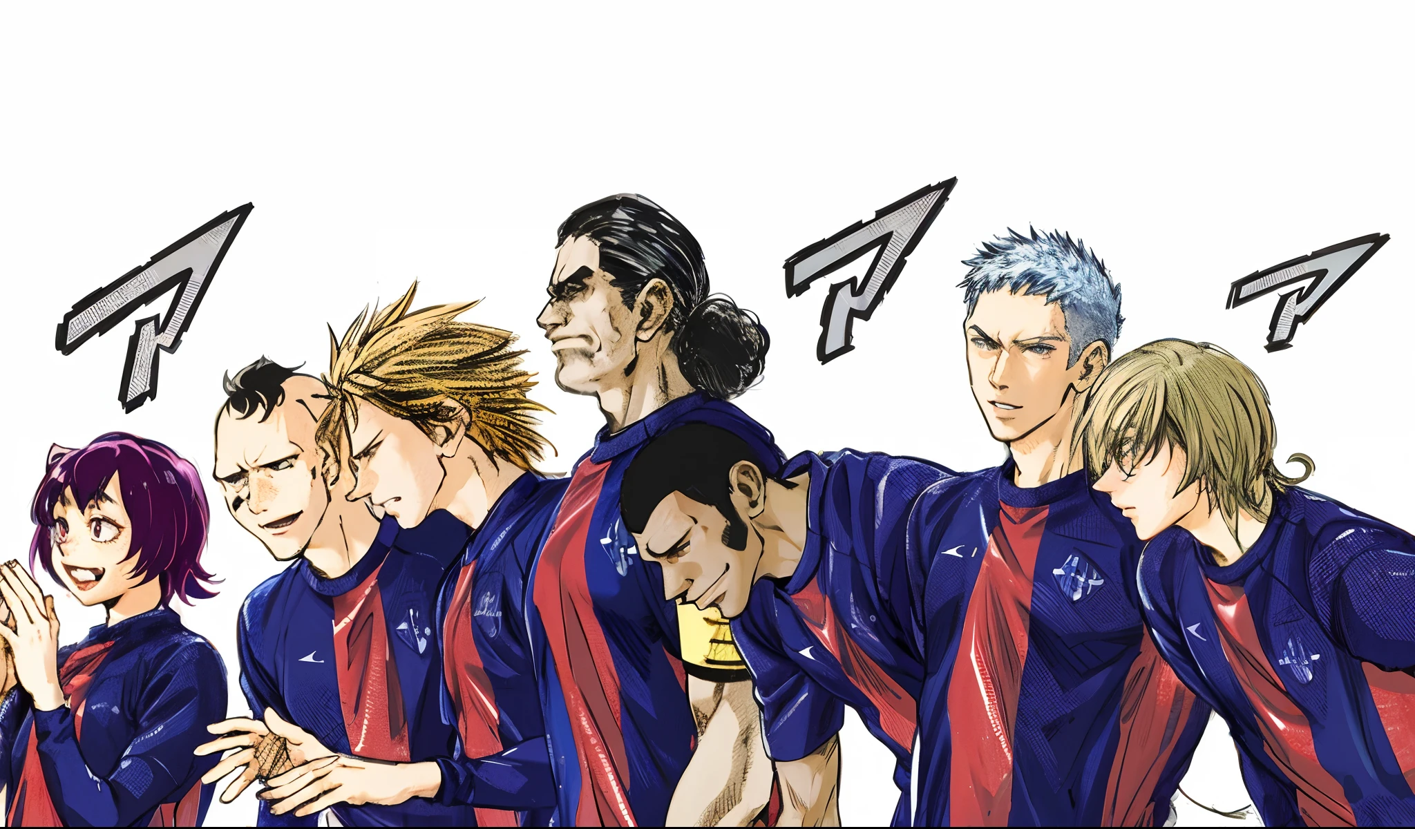 anime characters are standing in a line with their hands together,