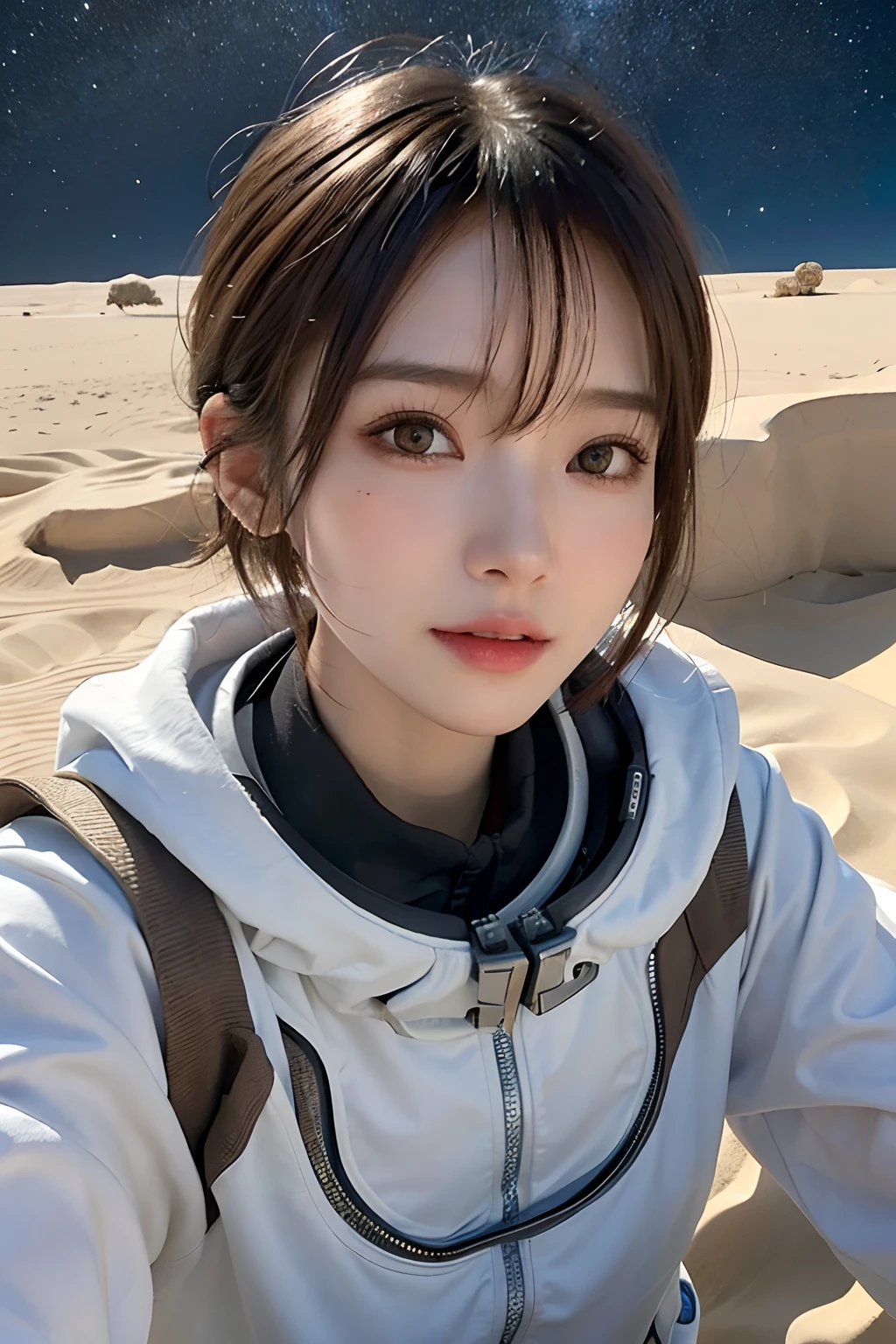 top-quality、​masterpiece、超A high resolution、(realisitic:1.4)、Beautuful Women１、Beautiful detail eyes and skin、ssmile、Light brown short-cut hair、The perfect spacesuit、spaceships、cosmic space、Sand Planet、weak sunshine、