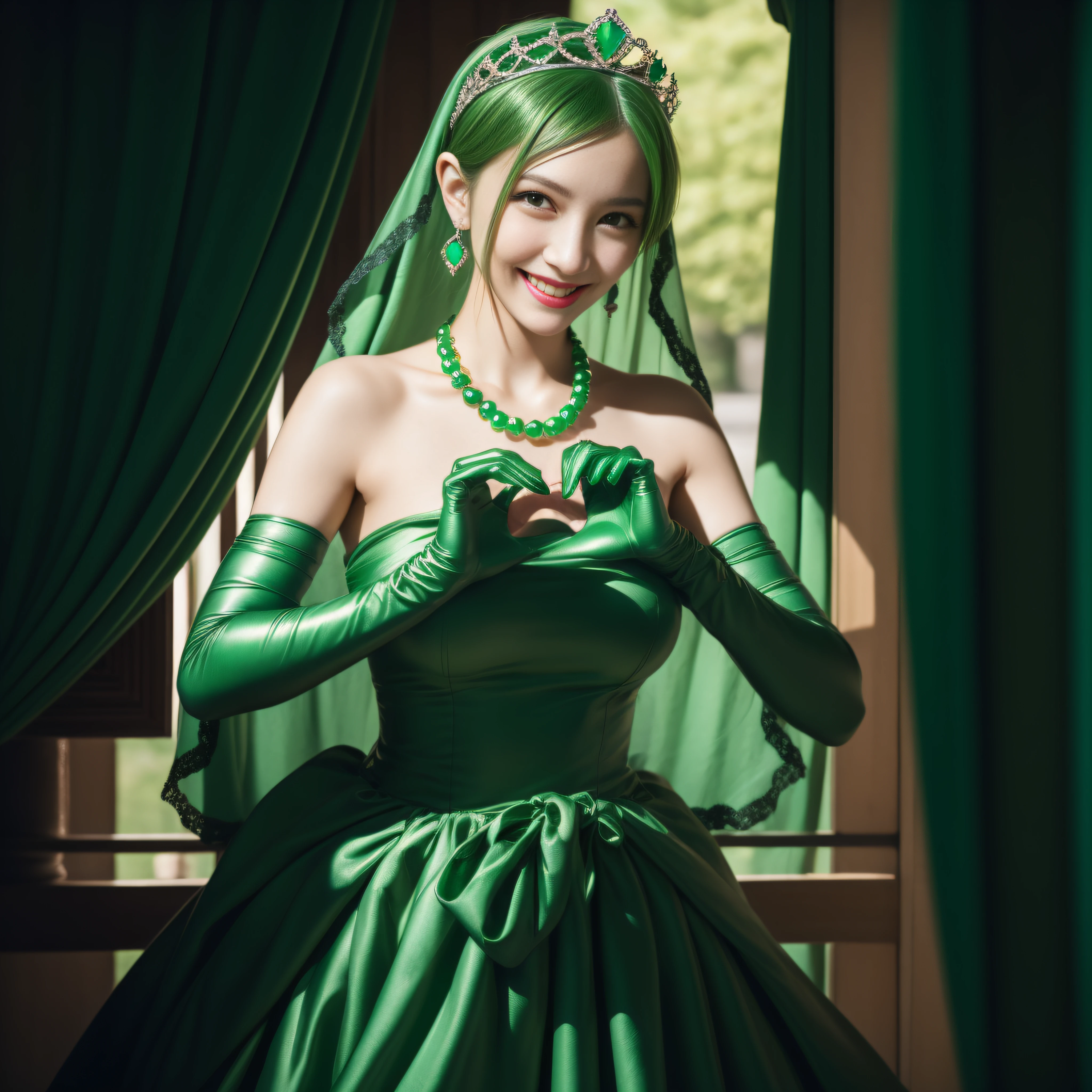 emerald tiara, Green Pearl Necklace, Boyish very short green hair, lipsticks, Japan woman smiling, very short short hair, big breasts beautiful, Green eyes, Long green gloves made of satin material, Green eyes, Emerald Earrings, green vale, Heart with both hands