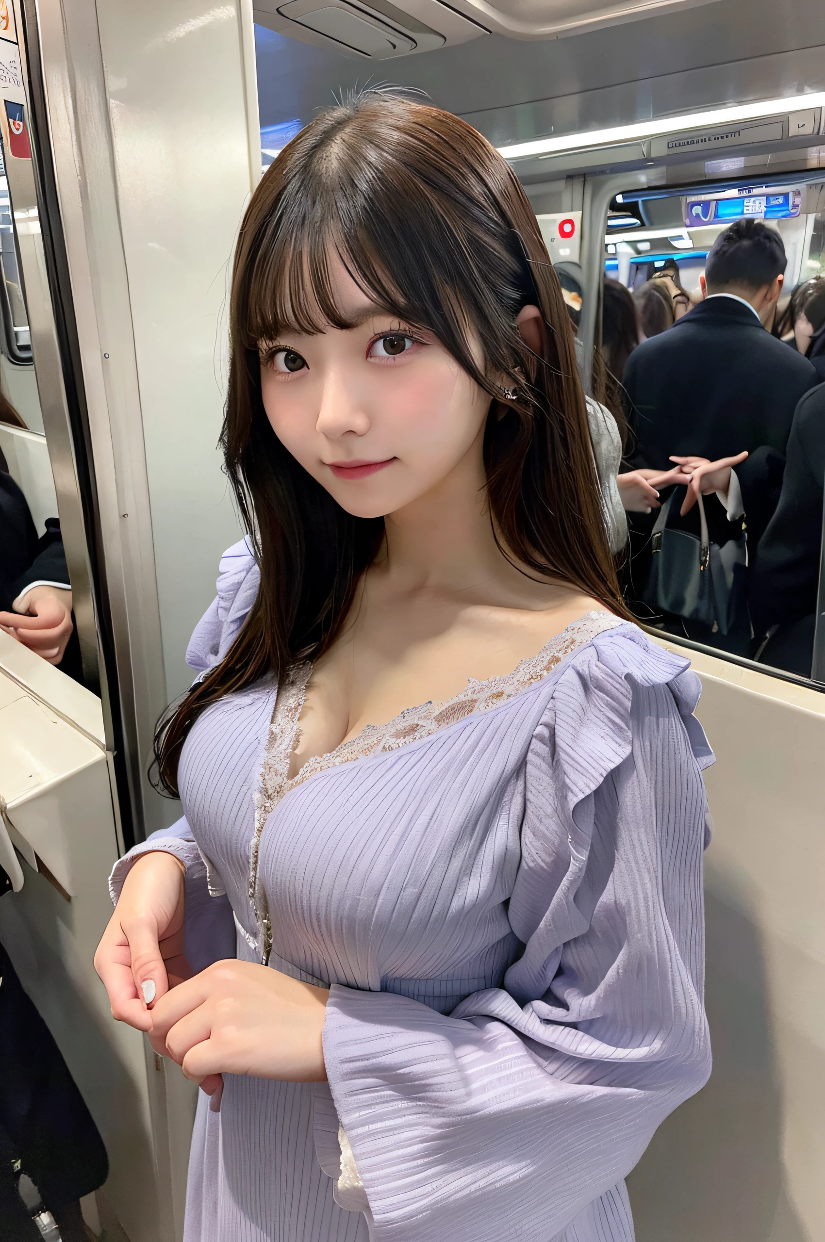 huge tit、g-cup、22year old、japanes、Wearing a long-sleeved dress、Standing in front of me on a crowded train、I'm looking from above、Hands on chest