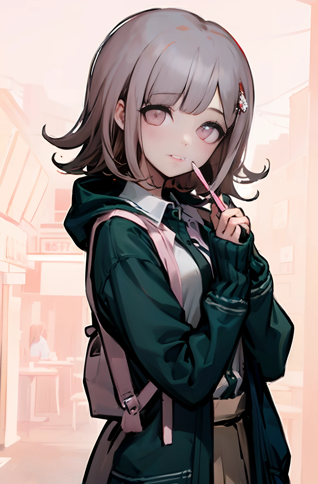 Chiaki nanami en un restaurante comiendo mientras mira al espectador, Obra maestra, La mejor calidad, 4k, 8k, 1girl, pelo corto, Pale mauve hair that curls slightly outward, aunque los mechones a ambos lados de su cara se enroscan hacia adentro, Flor de ojos rosados, Camisa blanca abotonada con tapeta delantera gris turquesa oscura, pale beige pleated skirt, Dark turquoise grey hooded jacket with one button, Mirando al espectador,PLUS_Detalles:-1, PLUS_Detalles:0, PLUS_Detalles:0.5, PLUS_Detalles:1, PLUS_Detalles:1.5,Chiaki Nanami, Nanami Chiaki, ((Antecedentes del restaurante:1.7 )) ((soft smile:1.3)) ((Romantic aura:1.4))