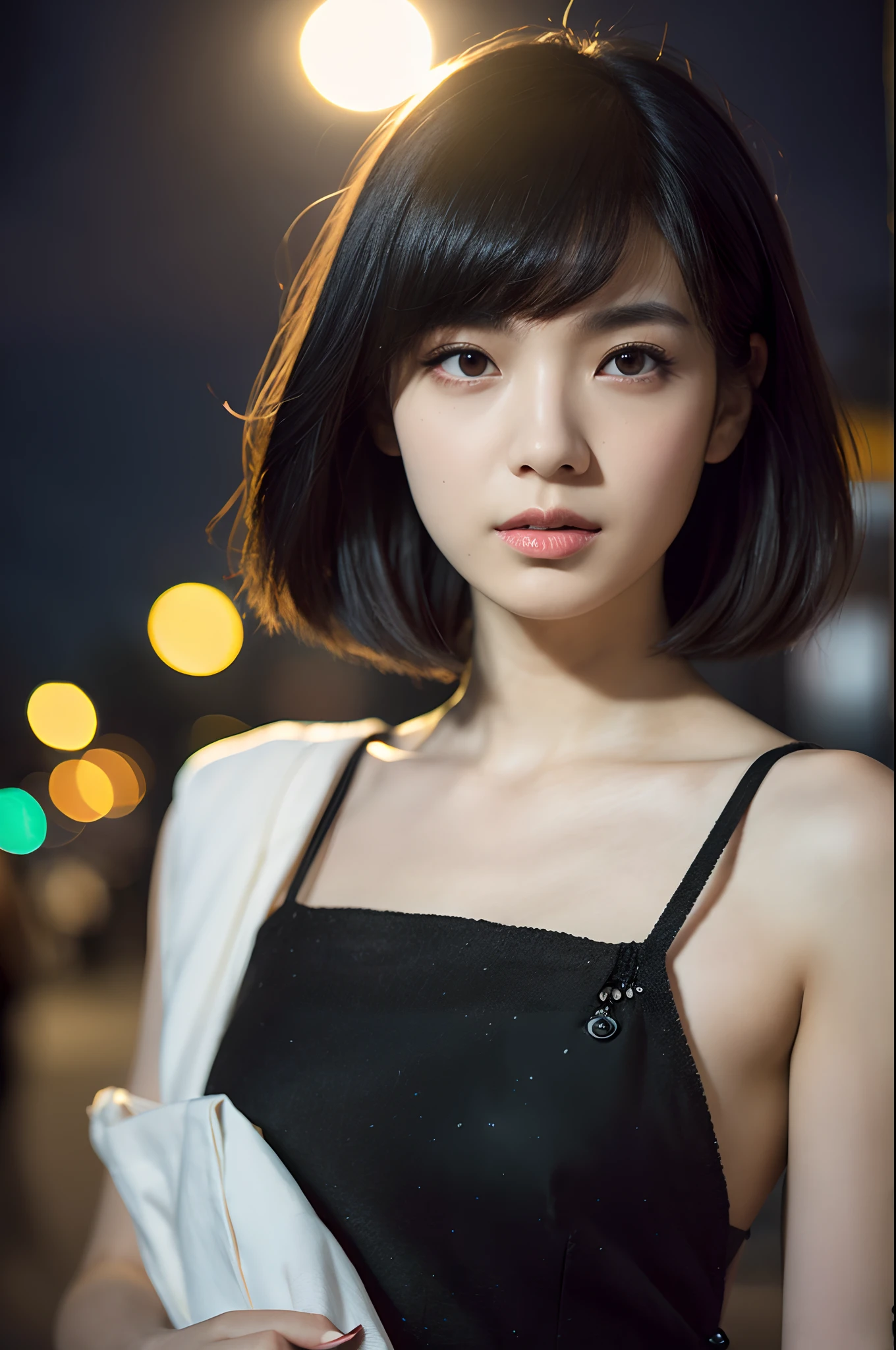 (half - body shot,streetlights,Moon),masutepiece, 1girl in, solo exhibition, Beautiful woman on a bustling street, Surrounded by peddlers, Portrait of a beautiful goddess girl, beautiful and detailed face, Porcelain Skin, (((bustshot, Center, Night, Black hair, Short hair)), Ultra-soft lighting, symmetry, Complexity, Elegance, high detailing, Realism, Art Book, Concept art,